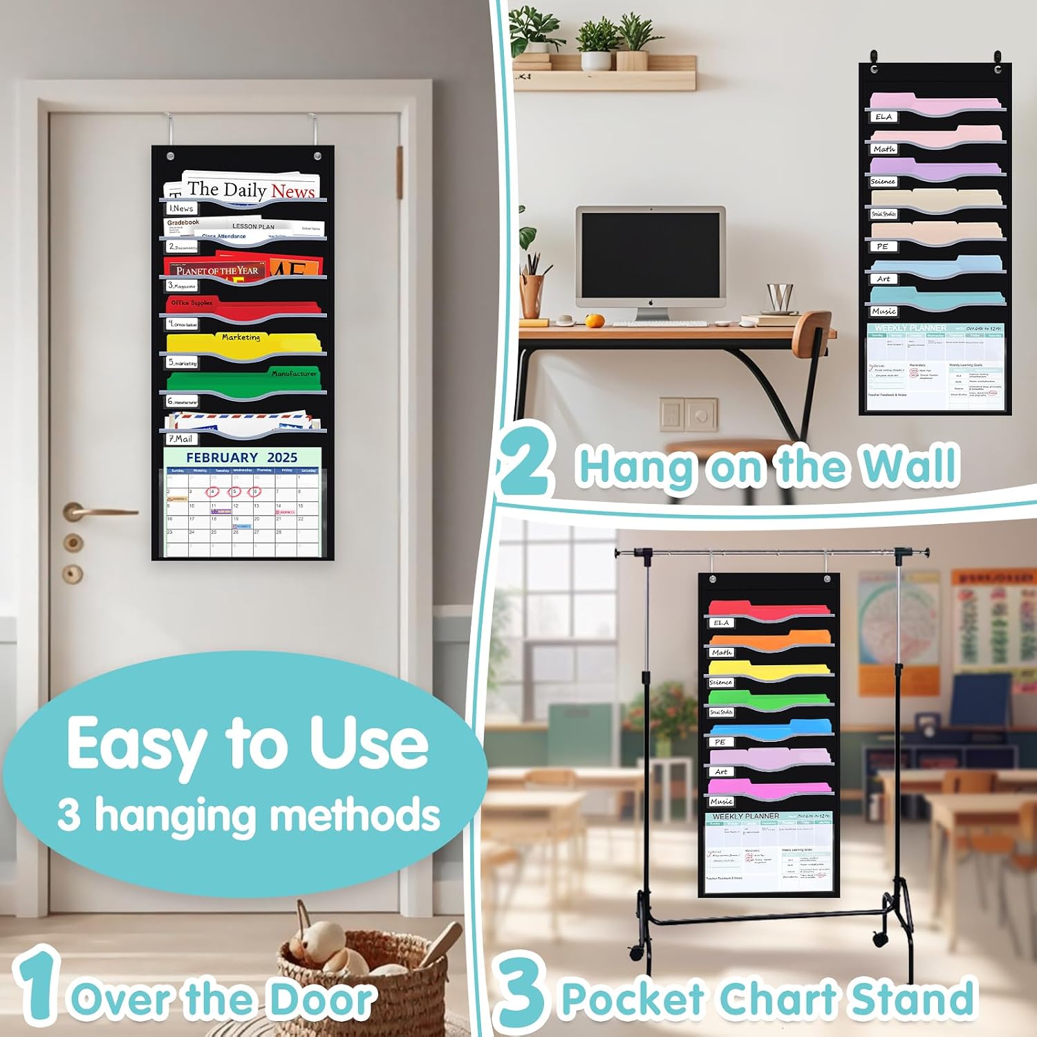 ALSLEA 8 Pockets Hanging Wall File Organizer 15" Extra Wide Pocket Chart for Classroom, Office, Home, Mail Organizer Wall Mounted with 1 Writable Clear Pocket, 5 Wall/ Door Hooks & 12 Labels (Black) image 2