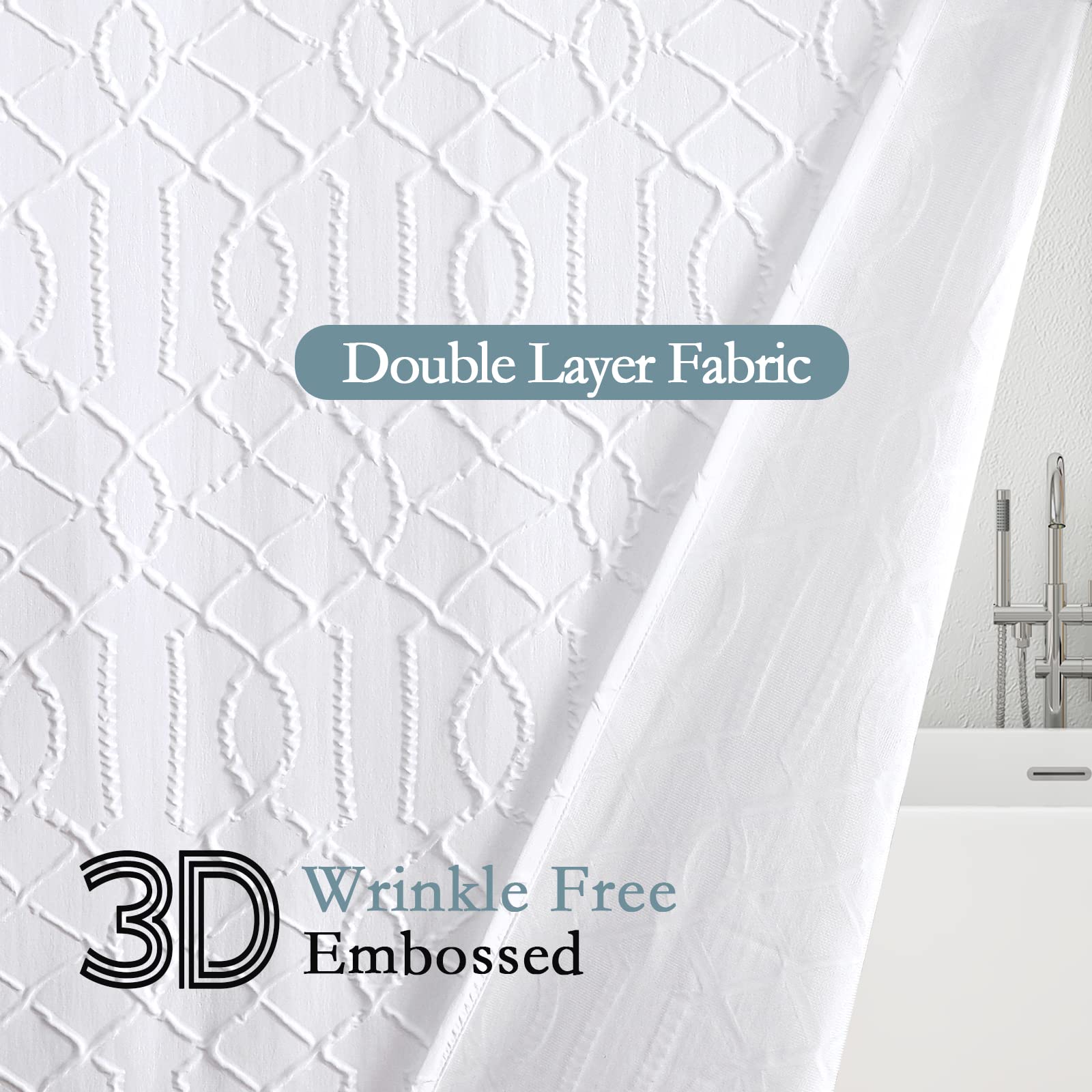 Gibelle Rideau de Douche Extra Long 183 x 213 cm, Grand, en Tissu Blanc texturé en Relief 3D, Rideau de Douche Moderne et élégant pour Salle de Bain avec Crochets