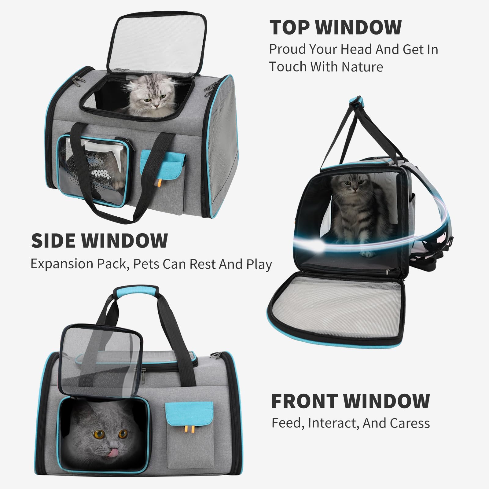 PETCUTE Transportin Gato Plegable, Transportín para Gatos y Perros con Correa de Hombro Ajustable,Transpirable Transportin para Gatos con Colchón Suave,para Coche Avión,Viaje,hasta 7.5kg