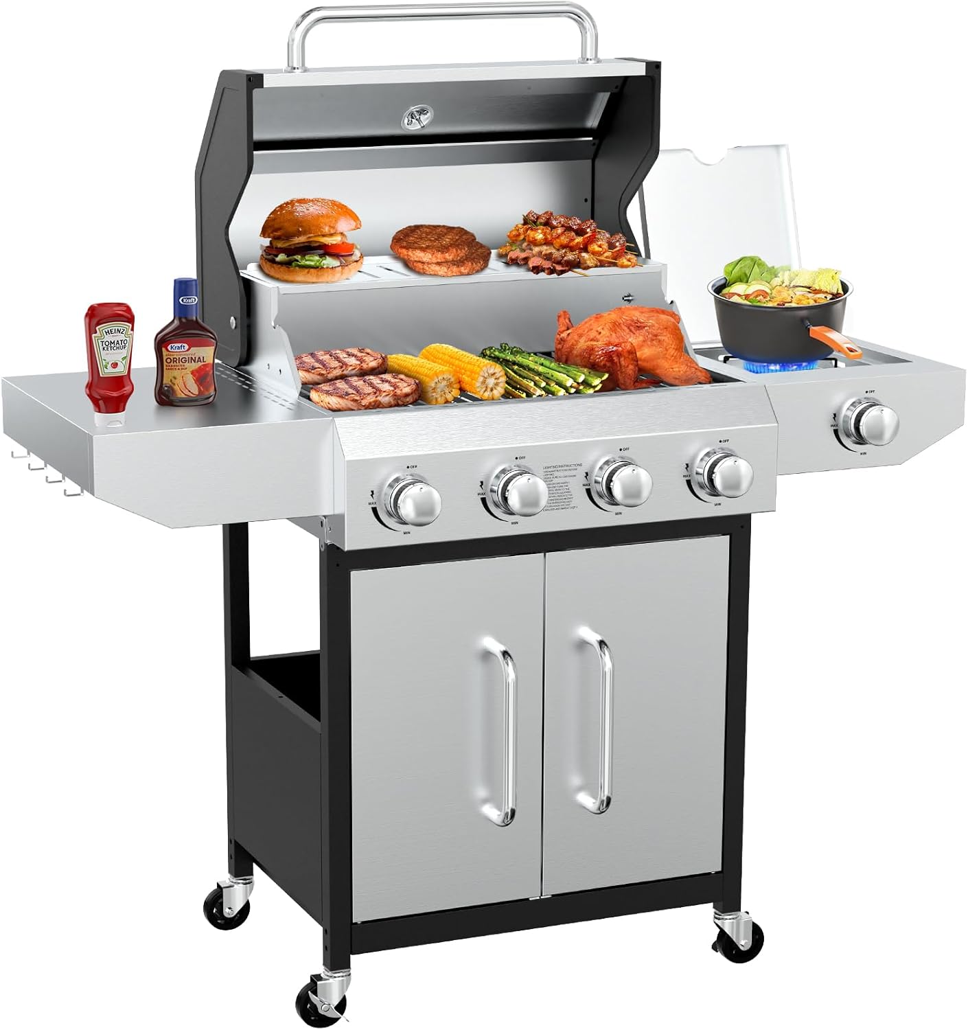 BESTFIRE 60,000 BTU 4+1 Burner Propane Gas Grill – 647 sq. inches Stainless Steel Outdoor BBQ with Porcelain-Enameled Cast Iron Grates, Side Burner & Storage Cabinet for Patio and Backyard Cooking