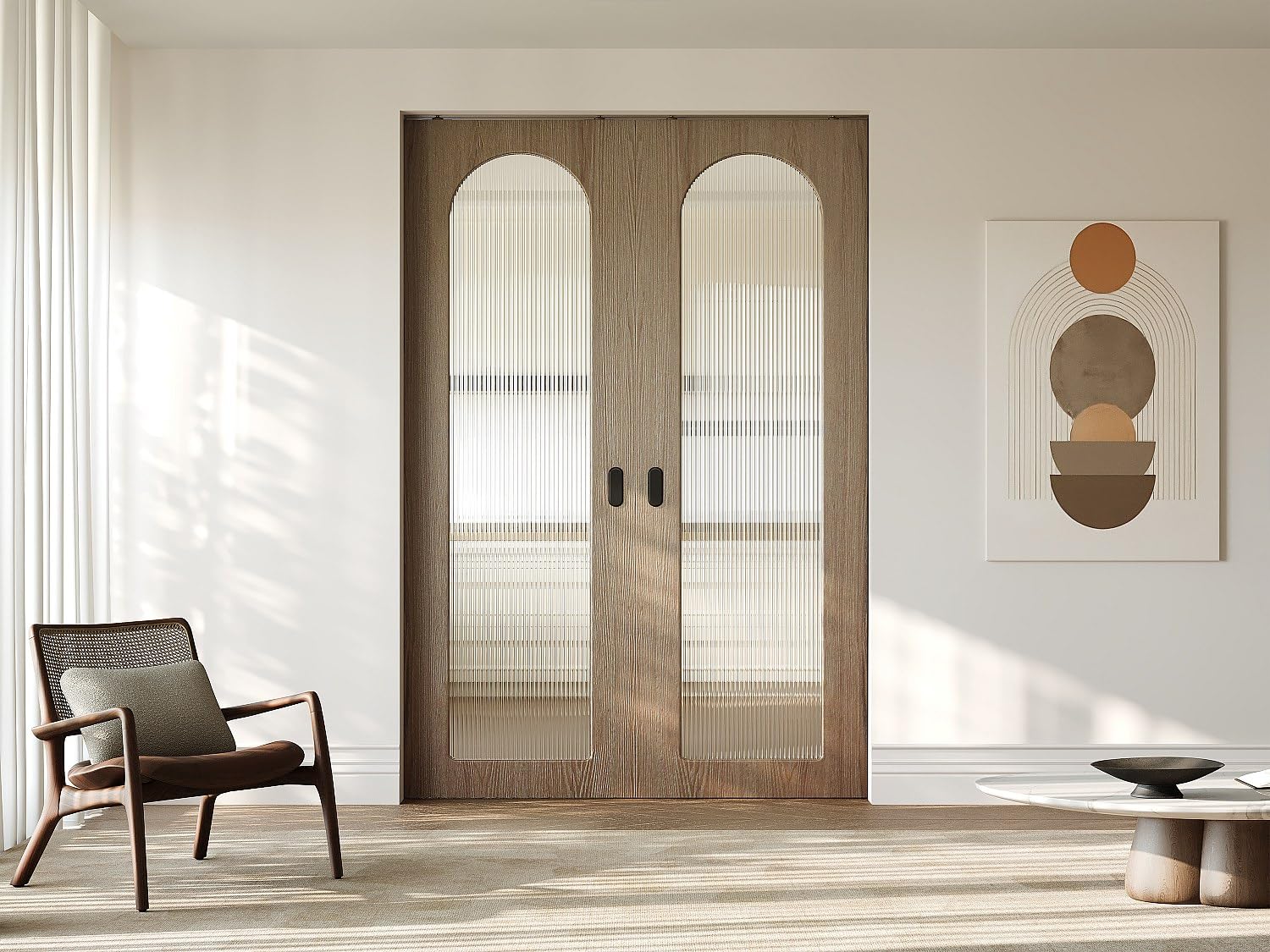 Vente-unique - Puerta corredera doble corredera con sistema de madera y MDF - arco natural claro y vidrio templado estriado - 2 x H205 x 63 cm - ODEZA