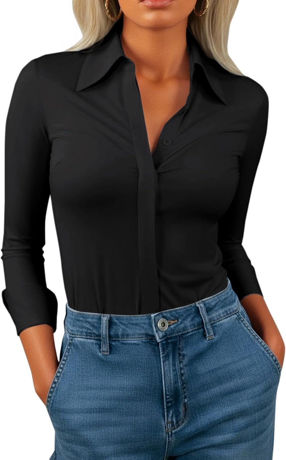 Button Down Shirts for Women Slim Fit Long Sleeve Stretch Dress Shirts Work Shirt Wrinkle Free Office Blouse Top - Image 4