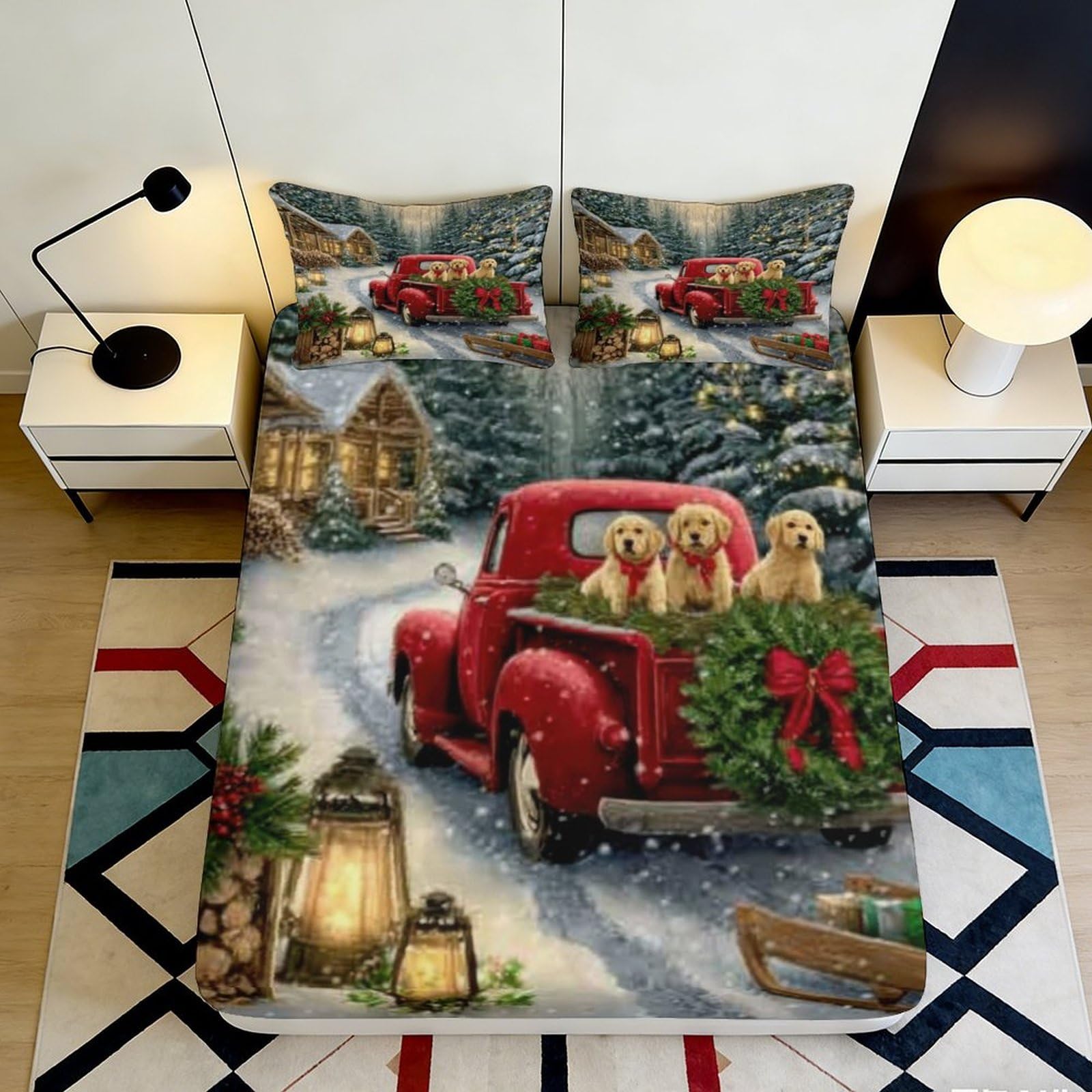 3D Printed Christmas Red Truck Fitted Sheet, Microfiber Soft Touch, Cabin Snow Landscape Bed Cover, Home Decor, Guest Room Bedding, Wrinkle Resistant, Easy Care, 110x200cm 90x200x25cm