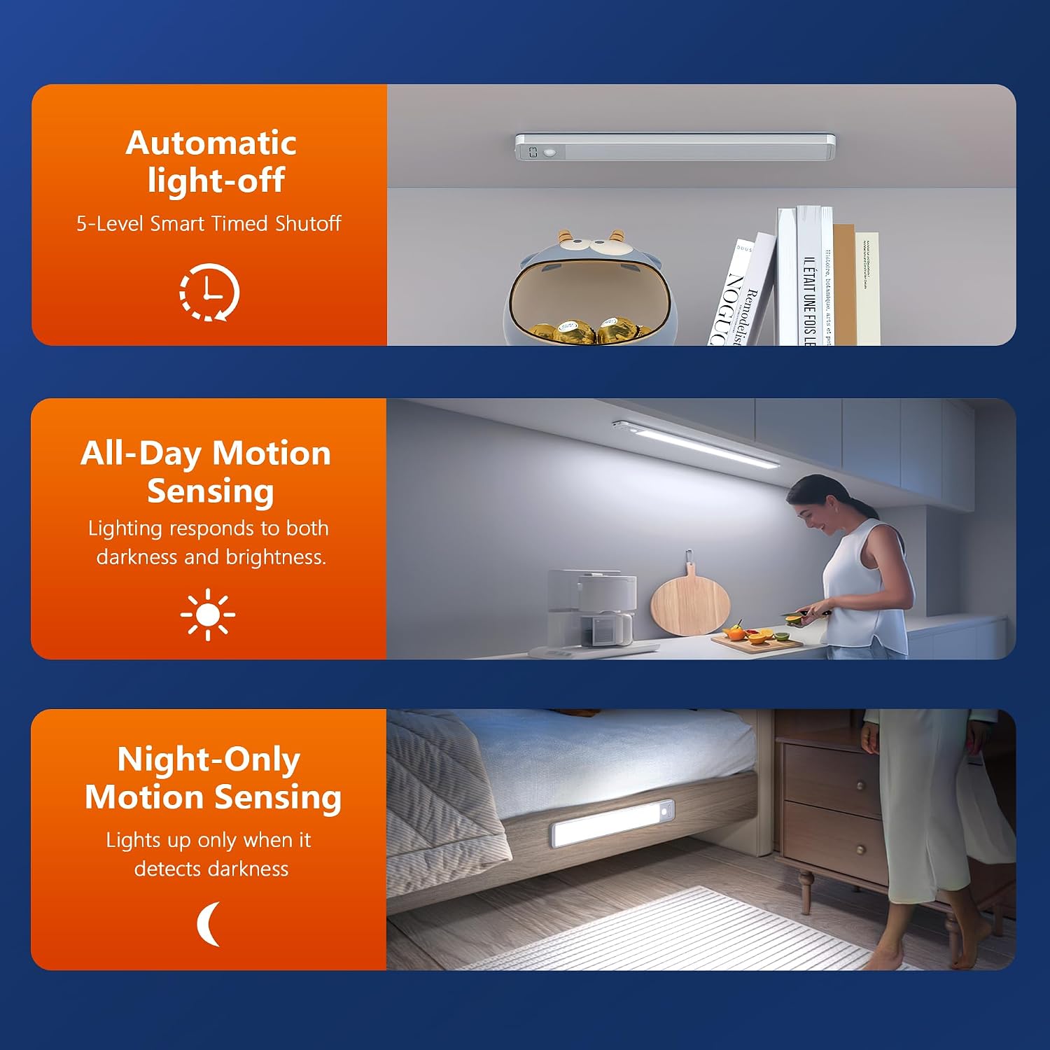 Rechargeable Under Cabinet Lighting, Motion Sensor Wireless LED Cabinet Light with 2500mAh Battery & USB-C Fast Charging, Magnetic Closet Light for Kitchen, Pantry, Stairs, Hallway, 2 Pack