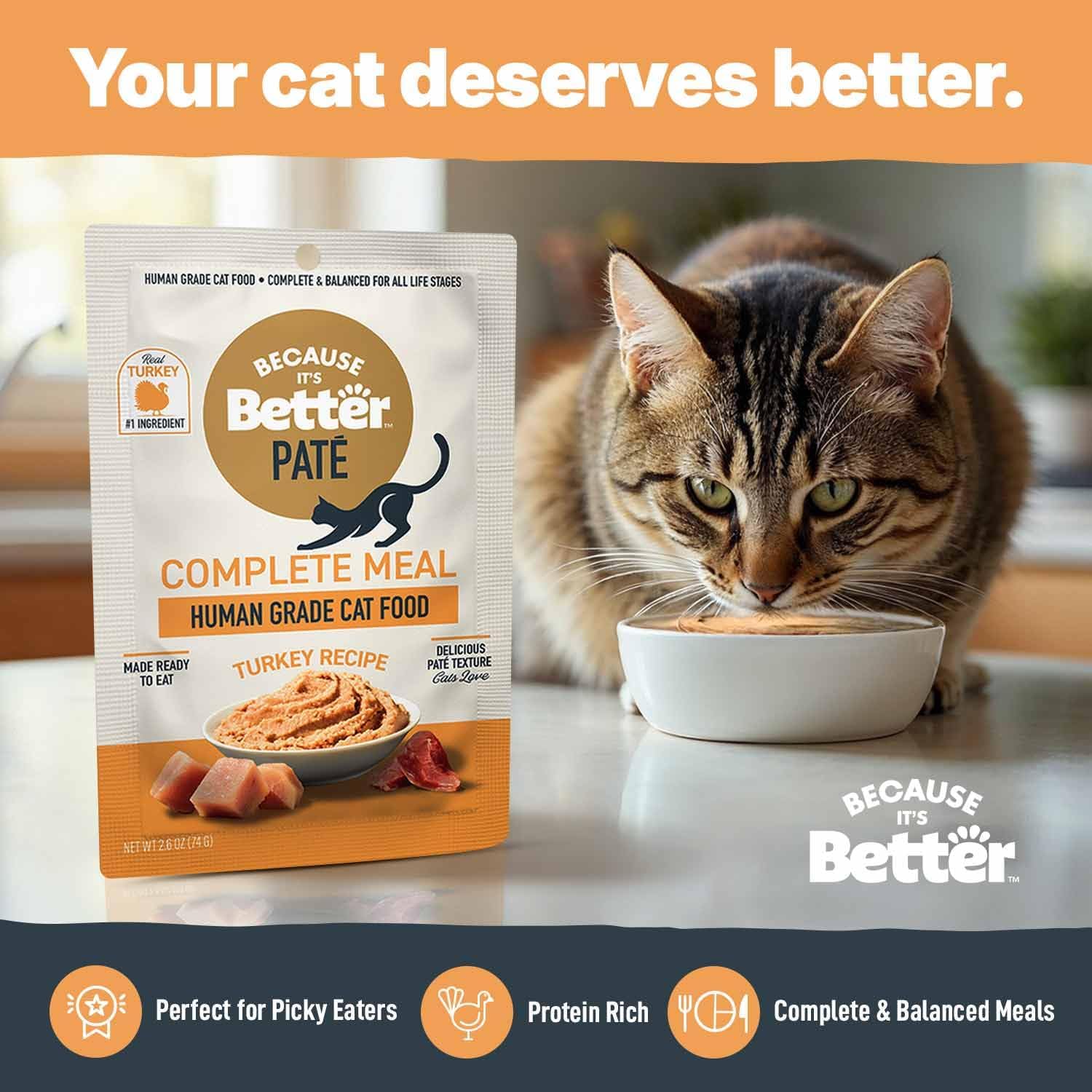 Because It’s Better Pate Complete Meal - Wet Cat Food - Real Turkey Recipe - Organic, Balanced, Smooth Pate Texture, Human-Grade Ingredients, Grain Free, 2.6 oz Pouches (12 Count)
