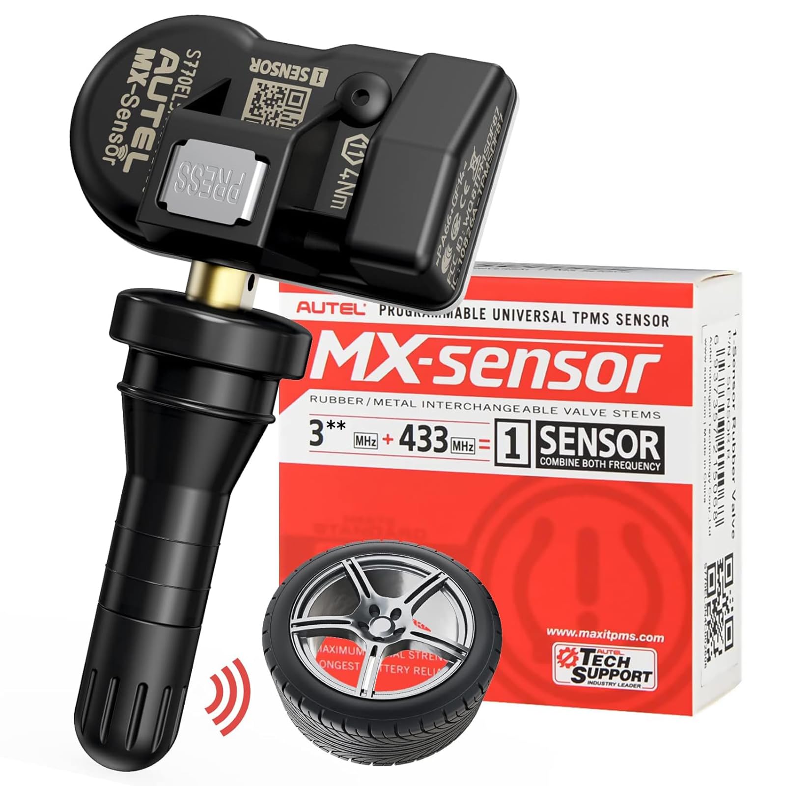 Autel TPMS MX-Sensor Double Fréquence, OE-Niveau Capteurs TPMS pour 99% Voiture, 100% Programmable Capteur de Pneus, Fonctionne avec TS408S TS508WF TS501Pro TS601 Outil TPMS(Valve en Caoutchouc, 1PCS)