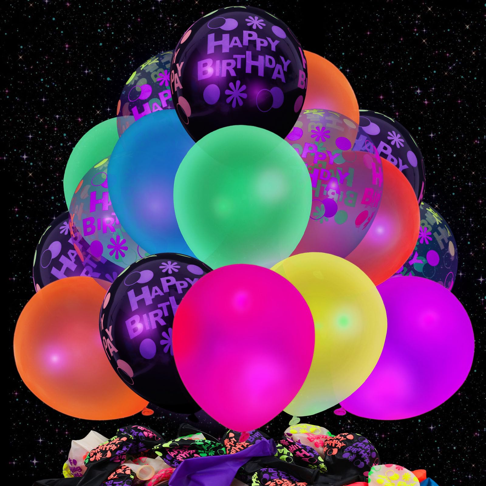 LovesTown 66PCS Glow Balloons Assortment, 12" UV Neon Latex Decorations Happy Birthday Fluorescent Balloons for Birthday, Wedding & Glow Party