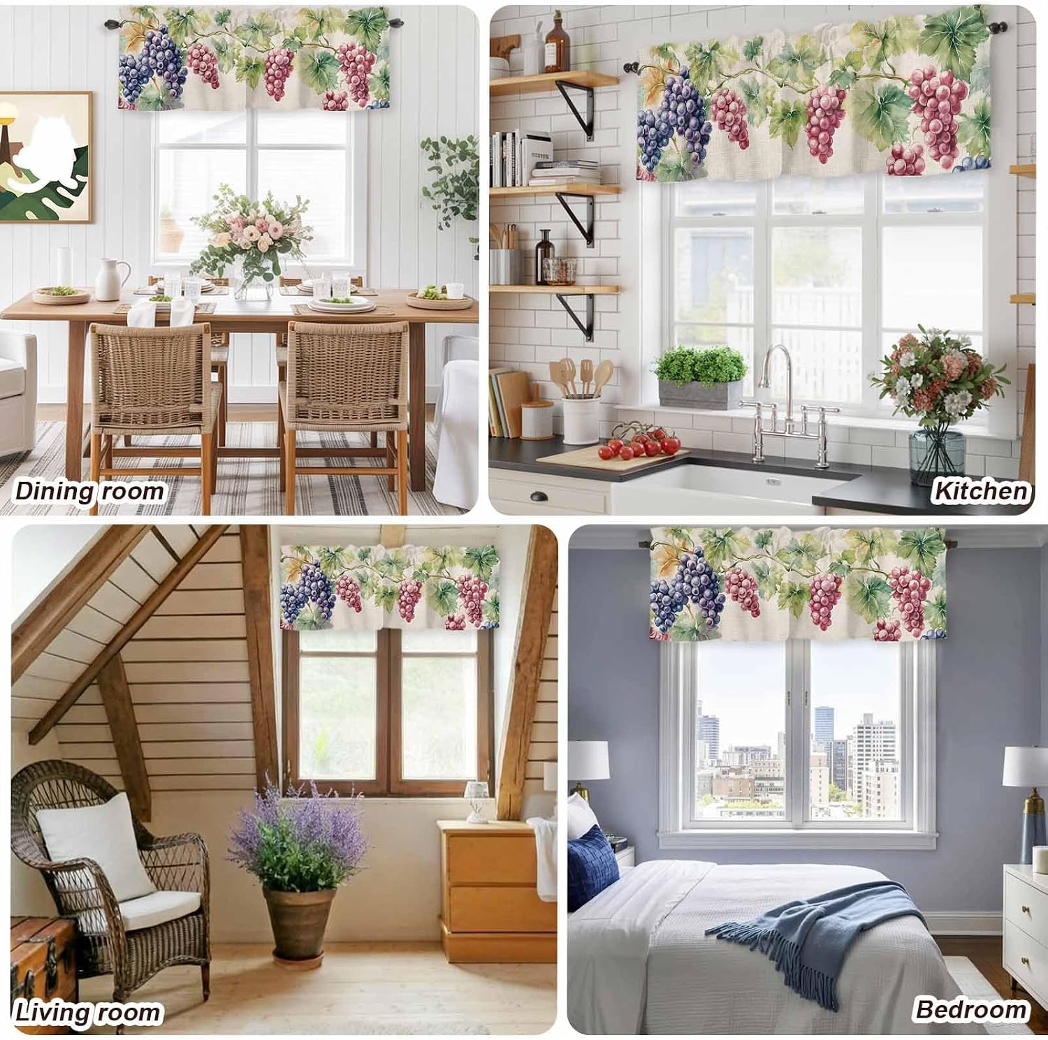 Savannan Window Valance Curtain, Spring Watercolor Grape Leaves Short Curtain Rod Pocket Valances for Kitchen Bedroom Living Room Cafe 1 Panel 42x12in Country Vine Retro Linen
