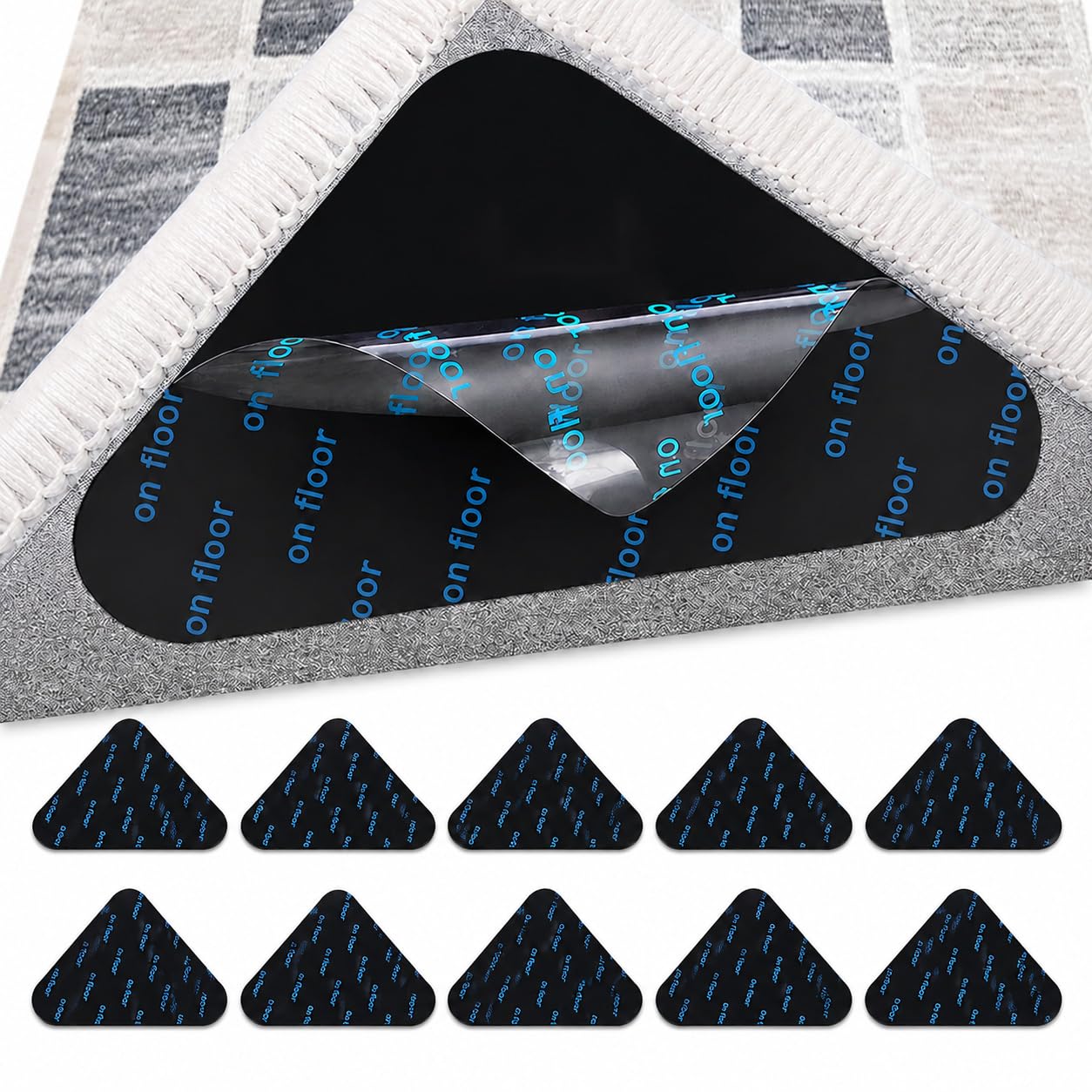 Rug Grippers for Laminate Floor – 10PCS Triangle Anti Slip Rug Grips – Reusable & Washable Carpet Stickers for Rugs – Non Slip Rug Pads for Wood, Tile, Marble & Hard Floors