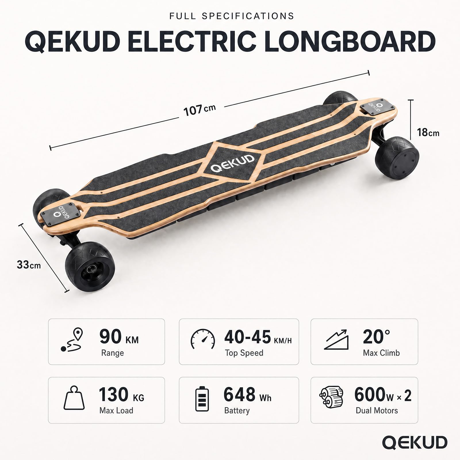 V2 Skateboard électrique, longboard double moteur 1200 W | Portée de 90 km, skateboard électrique tout-terrain puissant pour adultes et adolescents