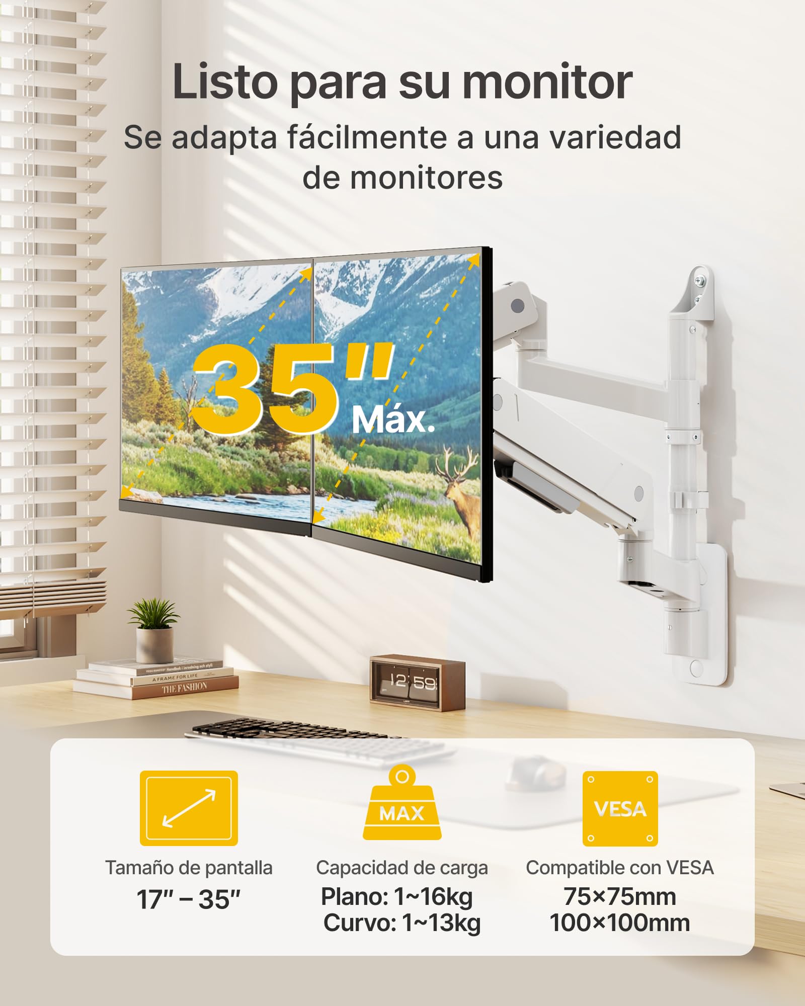 monTEK Soporte de pared para monitor dual para monitores de 17 a 35 pulgadas, carga máxima de 16 kg, brazo de monitor compatible con pantalla plana y curva, soporte de pared articulado para TV