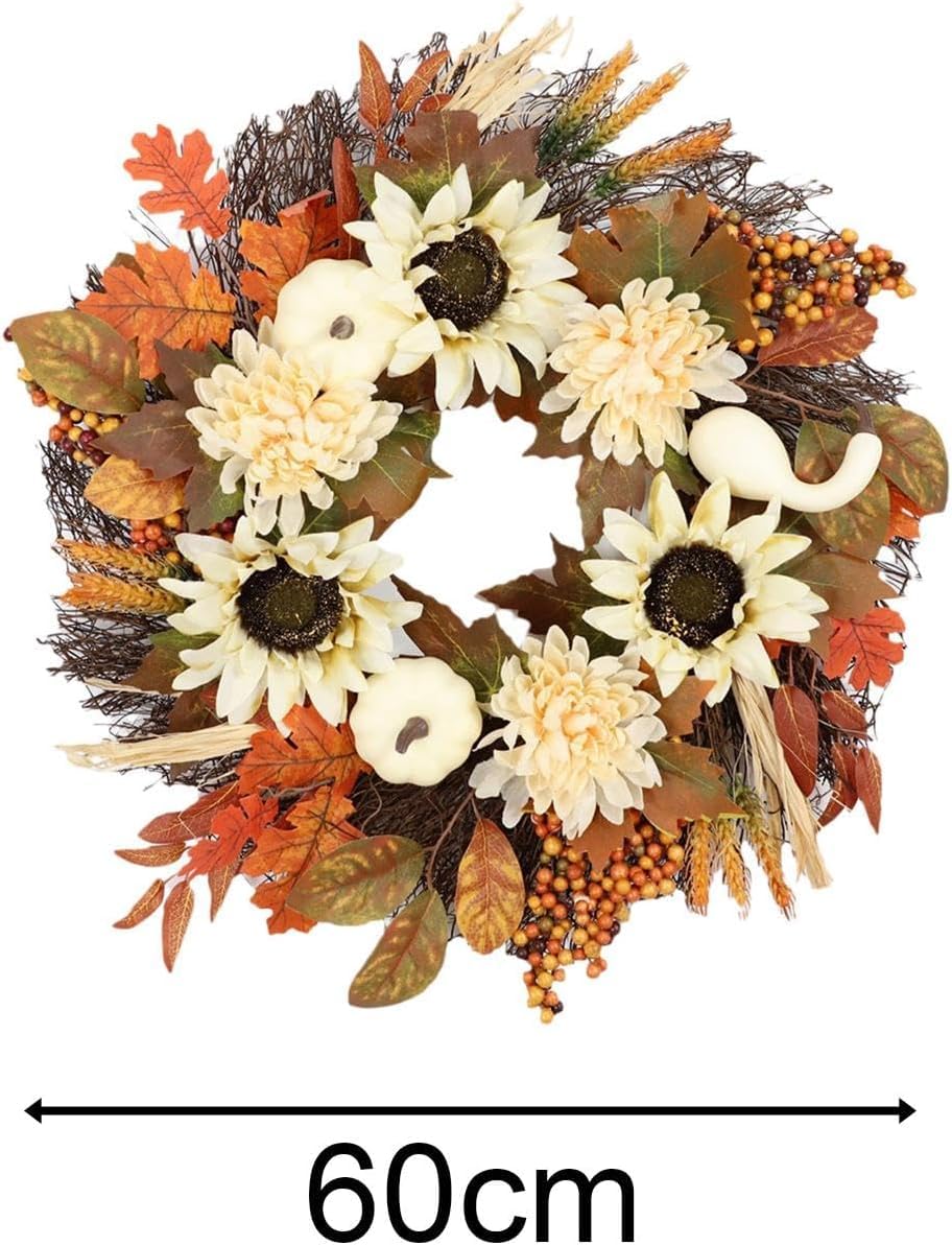 AGAATI Türkranz, Herbstkränze für die Haustür, Herbstkürbiskranz, Türkranz für die Vordertür, kreativer Sonnenblumen-Erntedankkranz, 60 cm (Größe: 60 cm) (60 cm)