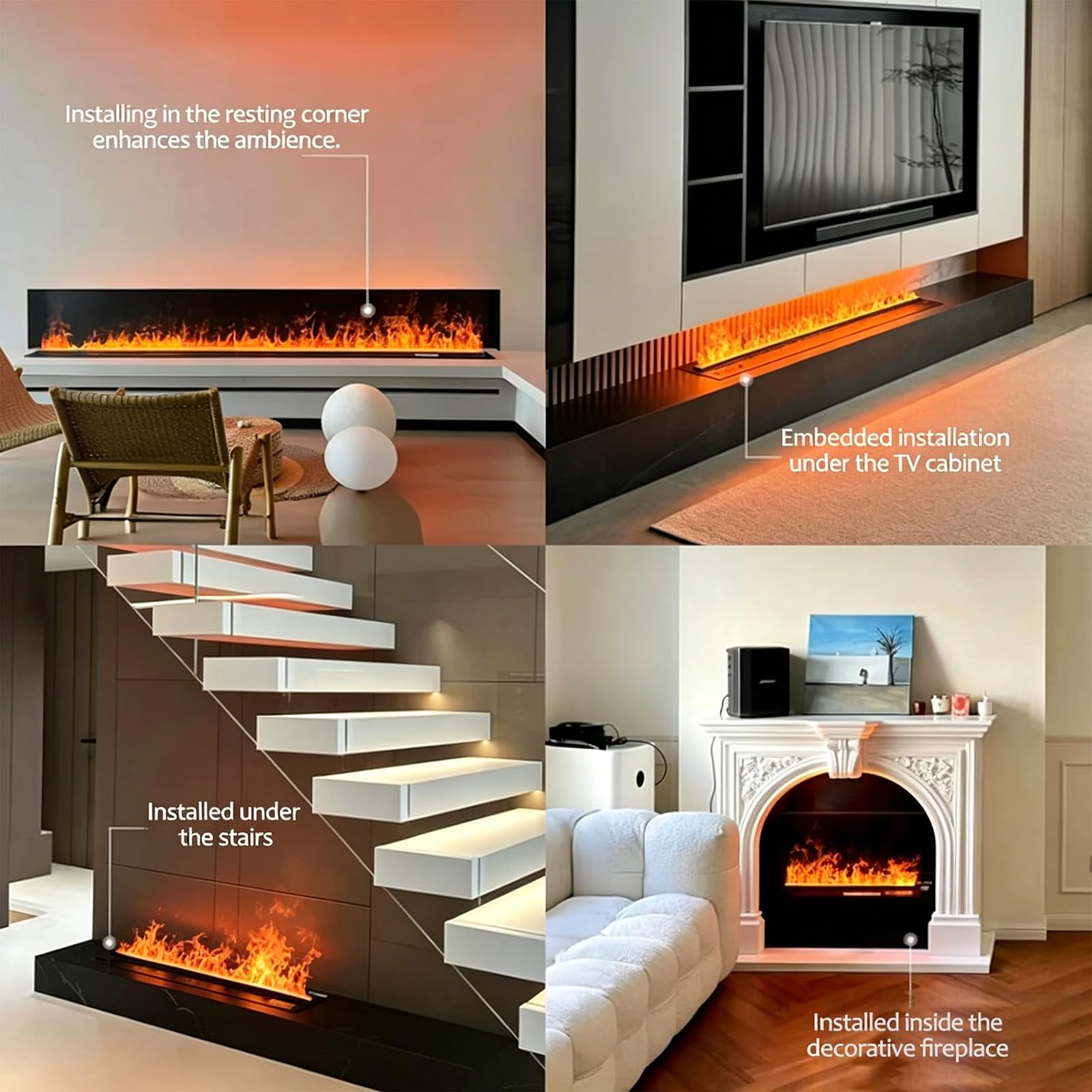 Camino elettrico a vapore acqueo 3D con fiamma atomizzata realistica, colori della fiamma regolabili, livelli di luminosità, telecomando, timer, touch e app