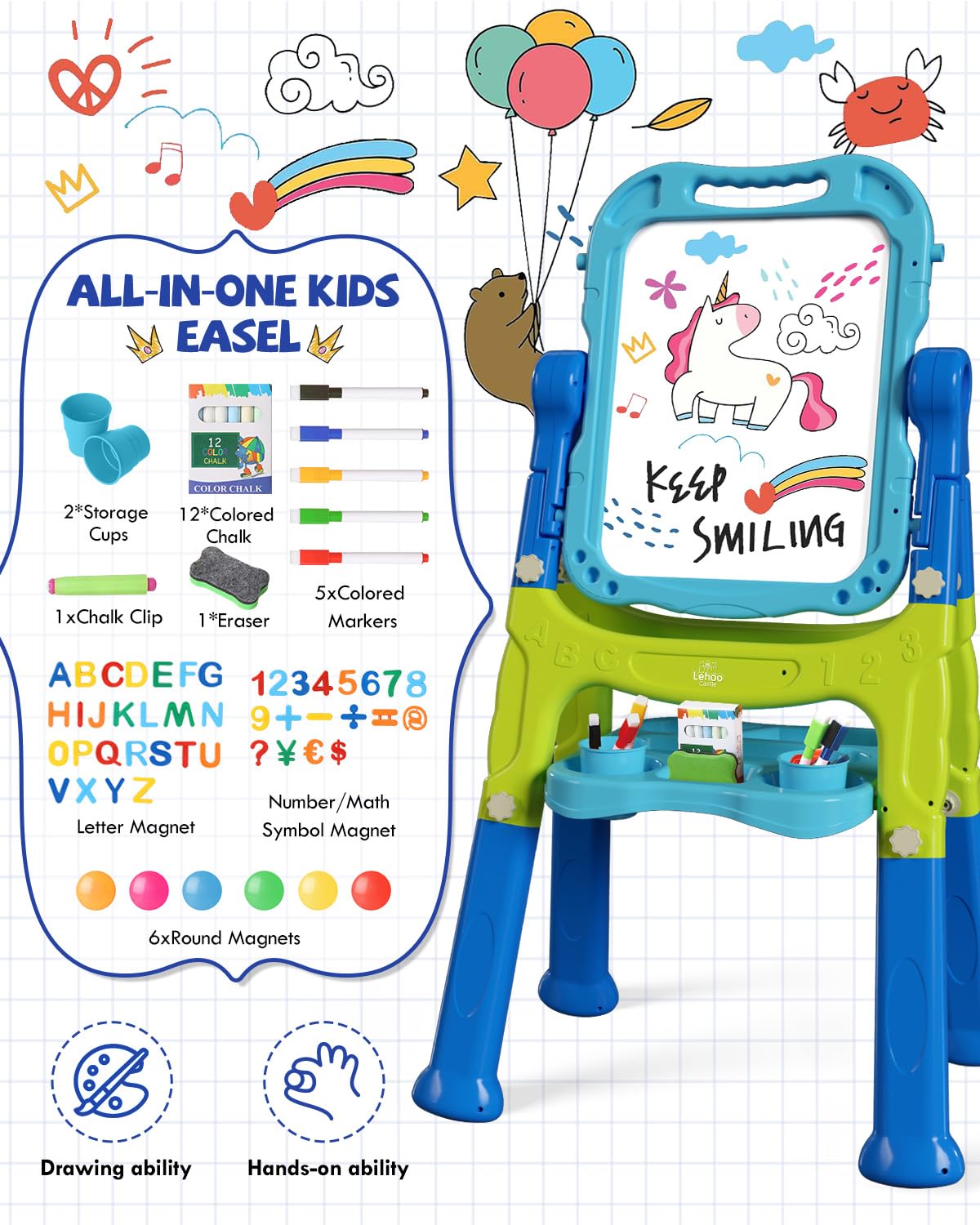 Caballete para niños, caballete de arte 4 en 1 de doble cara para niños con pizarra blanca magnética y pizarra de tiza, caballete ajustable para niños y niñas con accesorios de dibujo y 7
