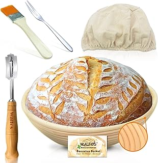 Walfos Panier de fermentation rond pour four à pain, 100 % rotin naturel, fourchette à pain et housse en lin, idéal pour les boulangers domestiques et professionnels de 23 cm