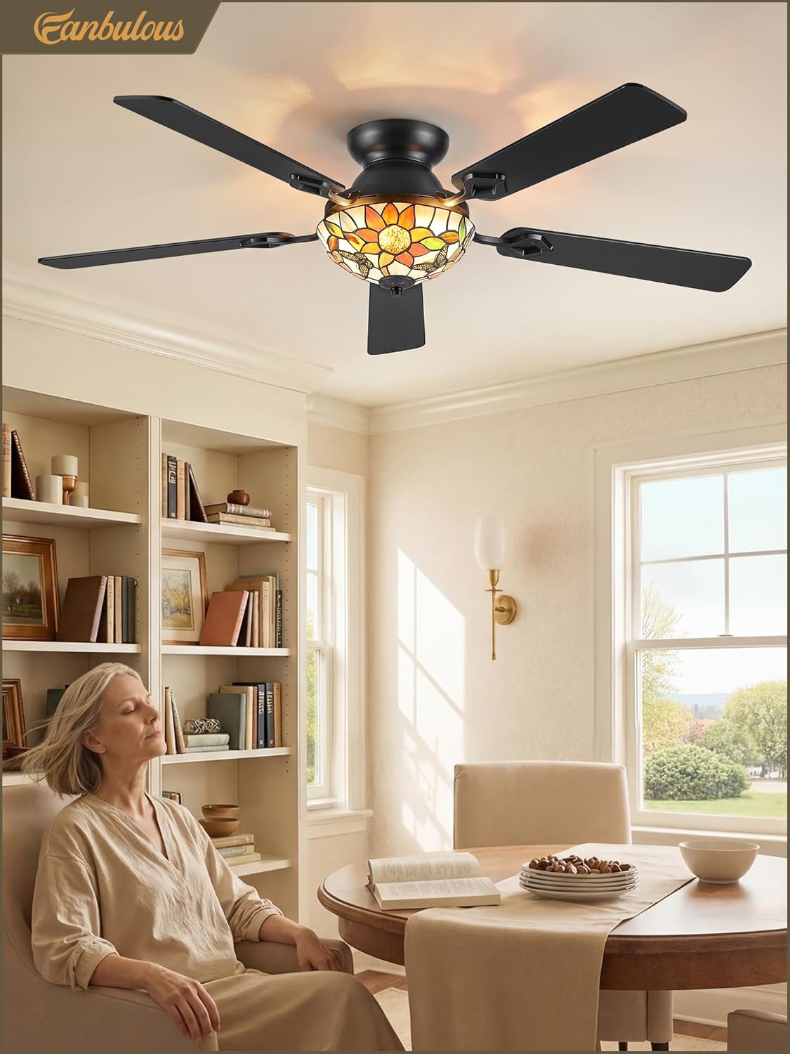 Fanbulous 52 Inch Tiffany Ceiling Fan Chandelier Stepless Color 24W LED, Remote & APP Control Quiet DC Motor Flush Mount Ceiling Fan, Retro Stained Glass Shade, 5 Dual-Finish Blades for Living Room