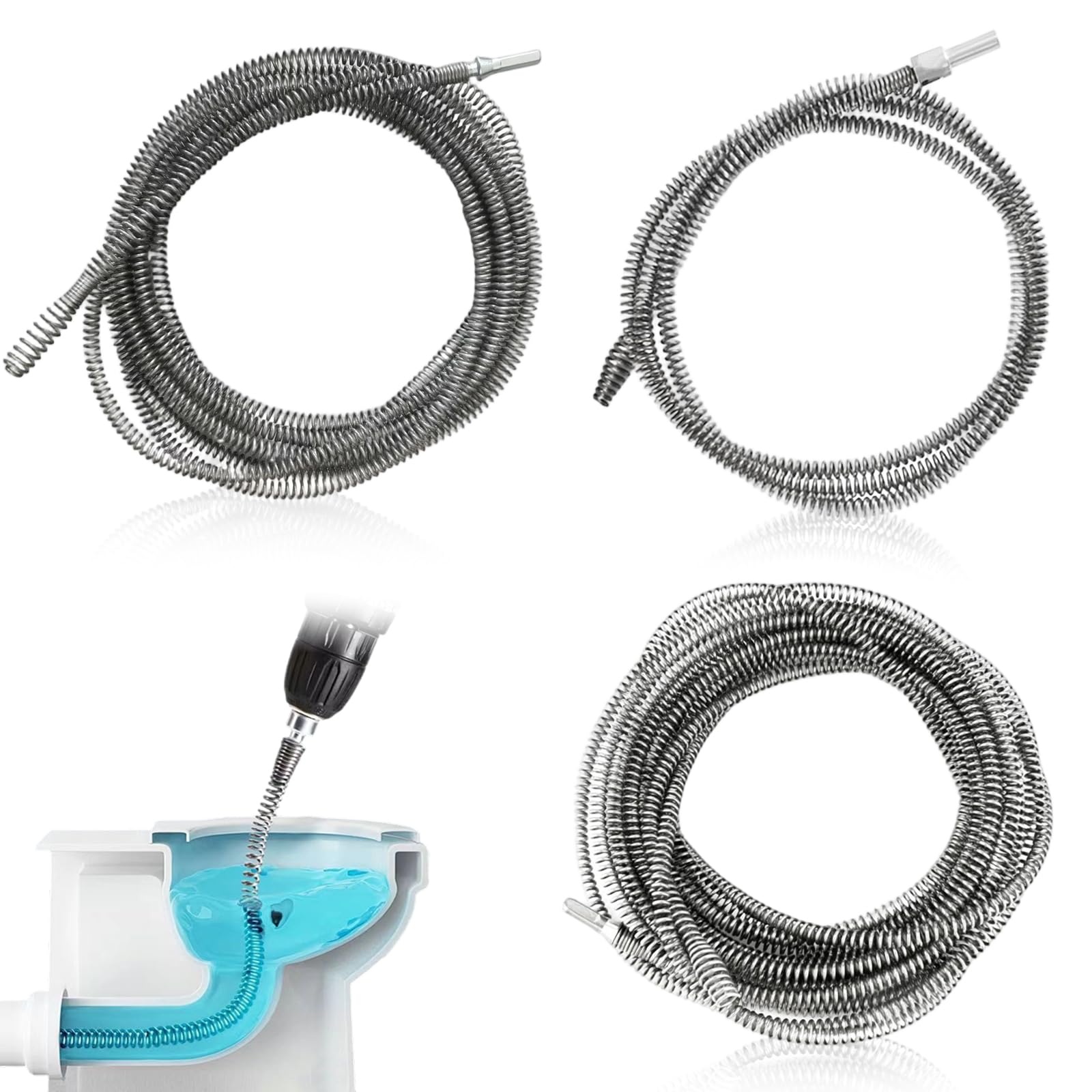 3 PCS Spring Sewer Dredging Tool, 10mm x 1m/2m/4m Flexible Plumbing Snake Drain Unblocker Clog Remover Tools with Drill Adapter for Kitchen Bathroom Toilet Plumber