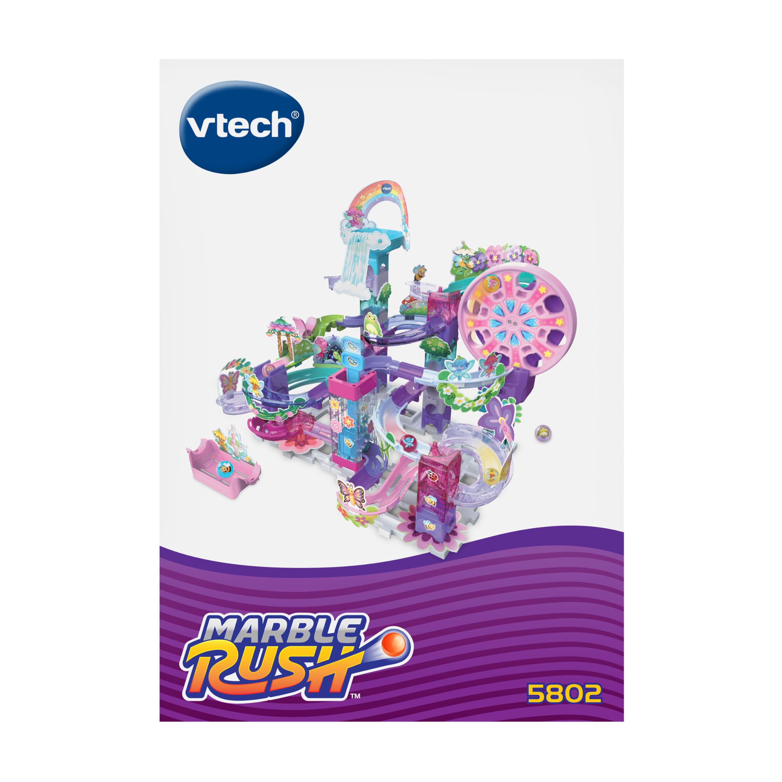 VTech Marble Rush Petal Power, Juego de construcción para niños, 96 Piezas de construcción y 6 canicas, Carrera interactiva de mármol con temática de Flores, Juego imaginativo, Adecuado para 4, 5, 6
