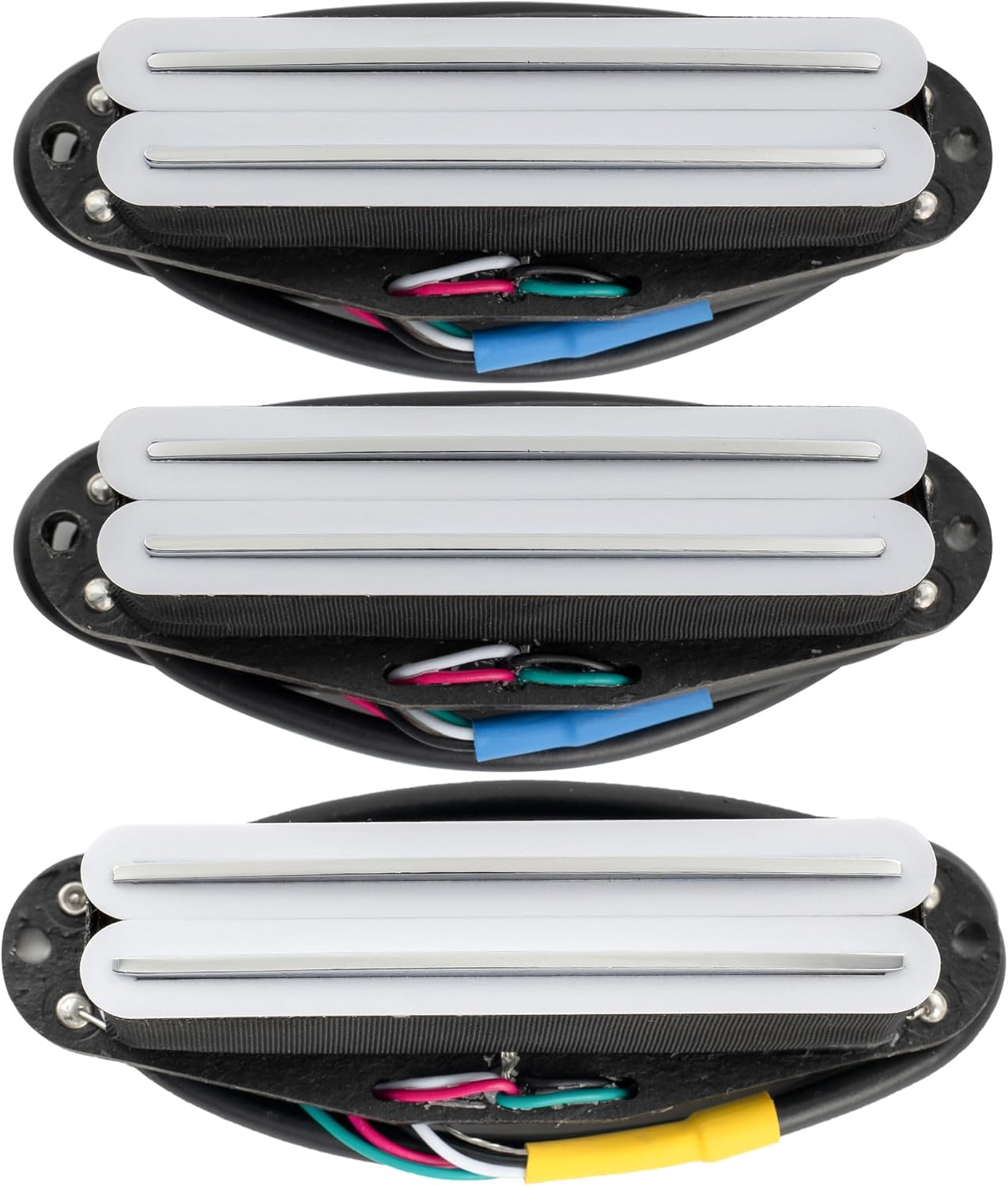 Musiclily Pro ST-DPHA Alnico 5 Dual Single Coil Sized Humbucker Super Distortion Neck Middle Bridge Pickups Set for Strat Style Electric Guitar, White Body Chrome Rail