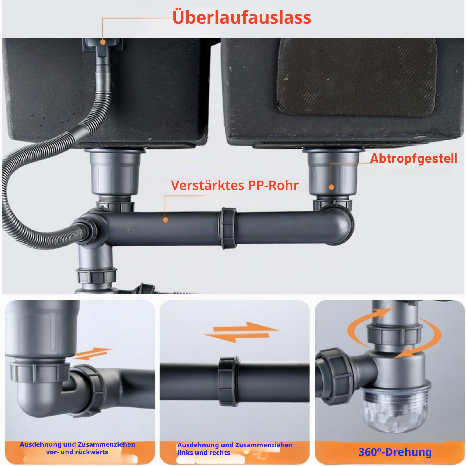 Doppelspülen-Ablaufset Platzsparendes Küchenspülen-Ablaufset Ausziehbares Flexibles Siphonrohr 114mm Spülenablauf-Montageset mit 4-Wege-Anschlussadapter für Geschirrspüler