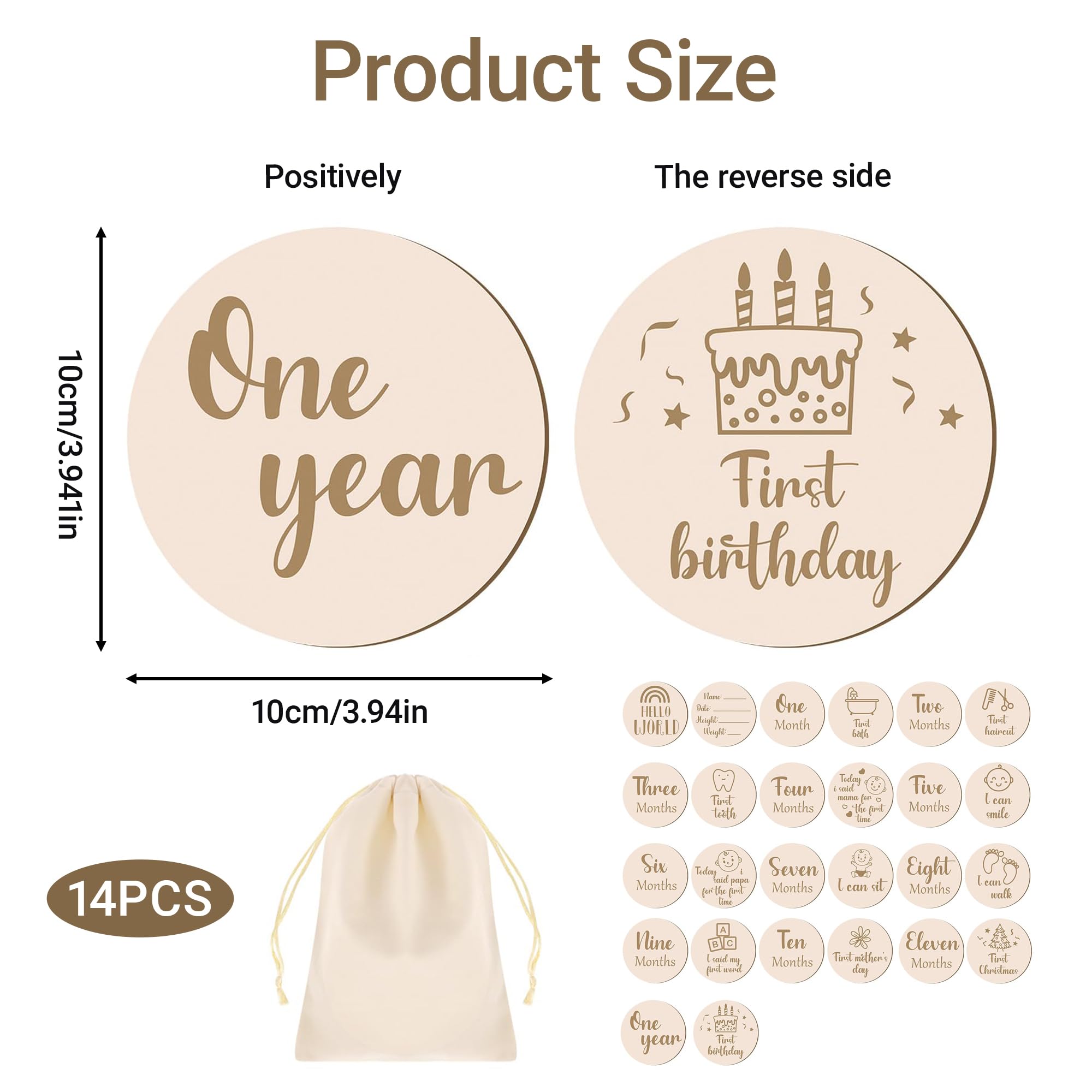 14 Pcs Baby Milestone Cards 10cm Round Wooden Milestone Baby Cards Newborn Growth Recording for New Parents Gift Set Newborn Infants 0-12 Months Growth Recording - Image 2