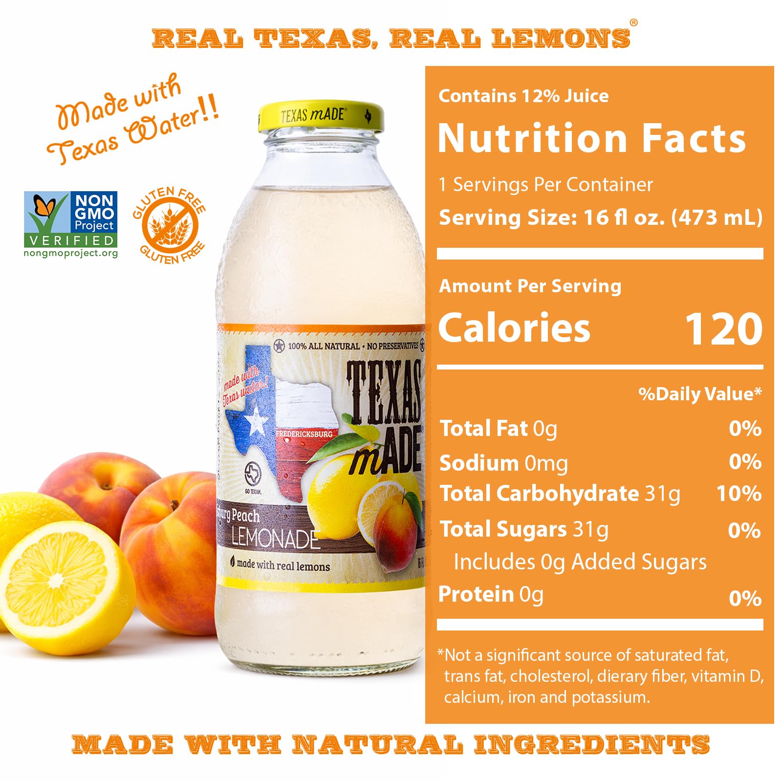 Texas mADE Fredericksburg Peach Lemonade, Lemonade Made with Pure Cane Sugar and Peach Flavor, No Preservatives, Texas Crafted Lemonade, 16 fl oz, Pack of 12