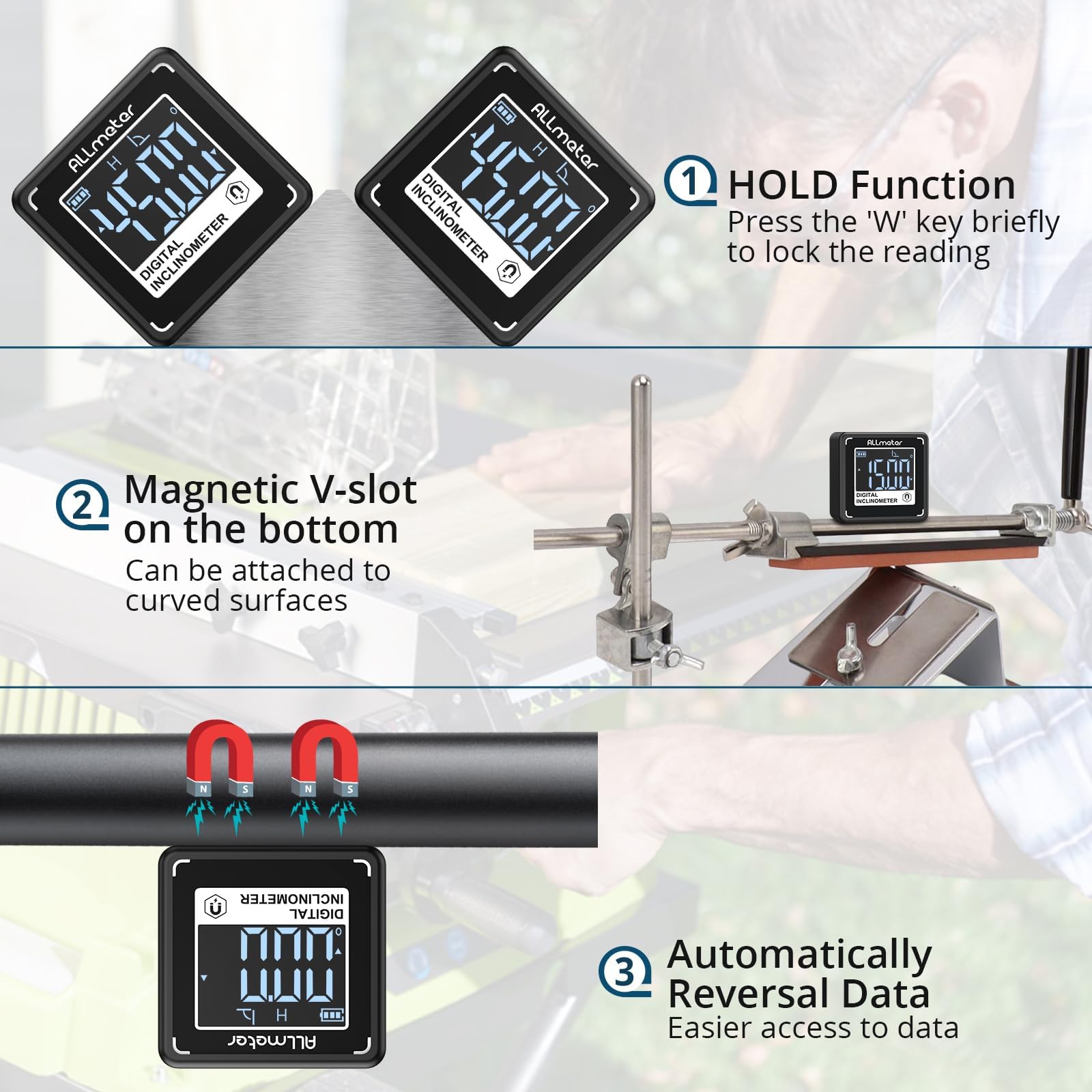 Inclinometro Digital Compacto, Nivel Digital con pantalla VA, base magnética, ranura en V, Type-C, IP54 para medición precisa 4×90° en talleres y obra, ideal para manualidades y bricolaje