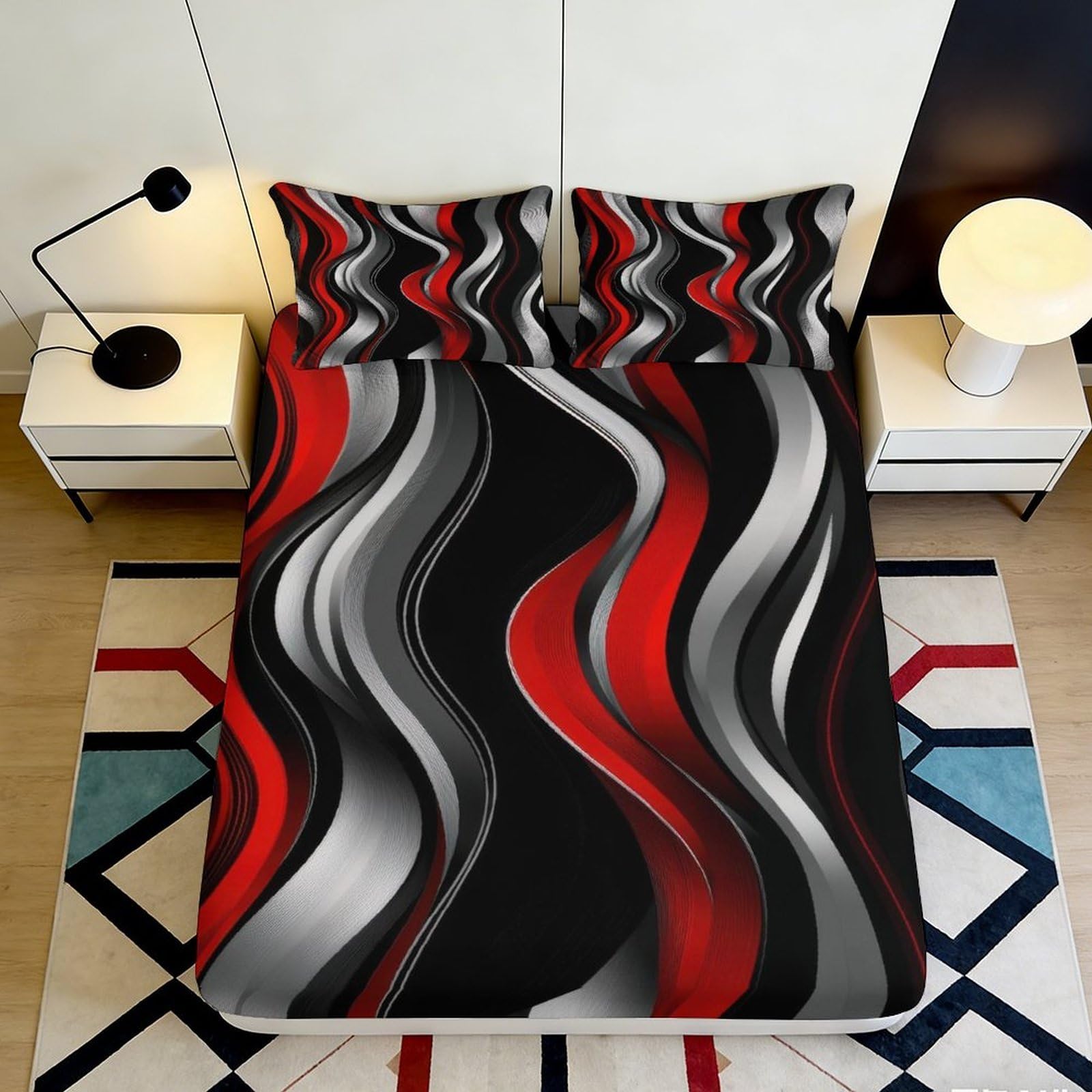3D Printed abstract wave Fitted Sheet, red black grey, soft touch Microfiber, wrinkle resistant, guest room bedding, anti-slip, decorative bed cover, easy care, home use, 200x200x25cm