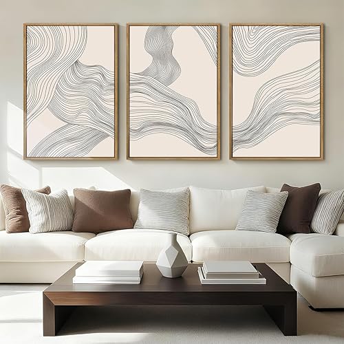 Arte de pared abstracto neutro enmarcado moderno con ondas beige para decoración de pared para baño, sala de estar, dormitorio, 16 x 24 pulgadas,