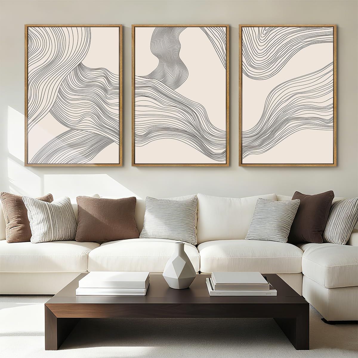 Photo 1 of **2 HAVE CRACKS IN FRAMES AND ONE BOX CUT DAMAGE****Large Beige Abstract Wall Art Framed Neutral Modern Canvas Wall Decor Minimalist Line Wave Painting 24x36 Inch Pictures Set of 3 for Living Room Bedroom Dining Room