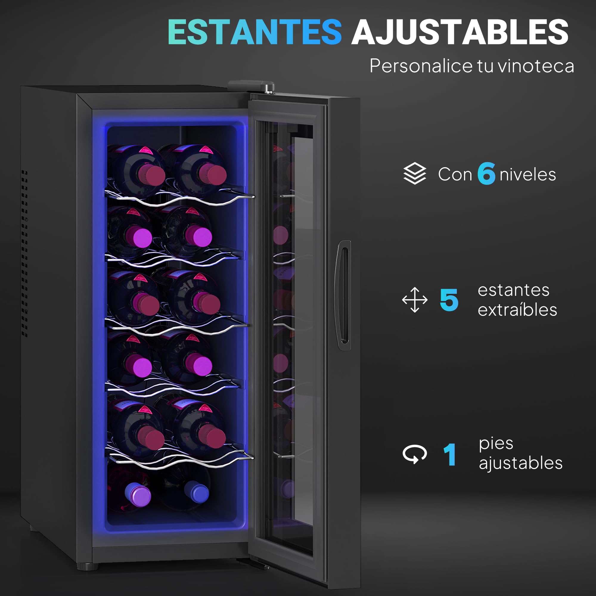 HOMCOM Vinoteca 12 Botellas, Nevera para Vinos con Doble Refrigeración Termoeléctrica, Temperatura Ajustable 8-18℃, Silencioso 37db, Puerta de Vidrio, Anti-UV, Pantalla LED, Luz Interior, Negro — view 5