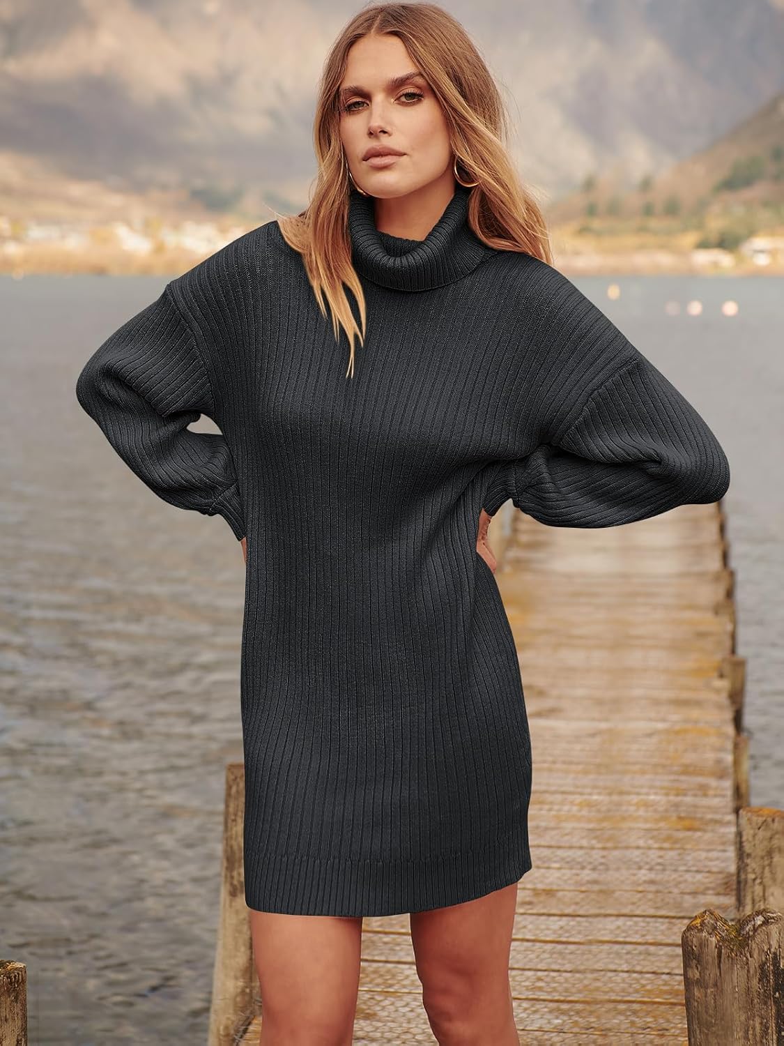 ANRABESS Women Oversized Sweater Dress Turtleneck Batwing Long Sleeve Ribbed Knit Loose 2025 Fall Winter Casual Short Dress - Image 5