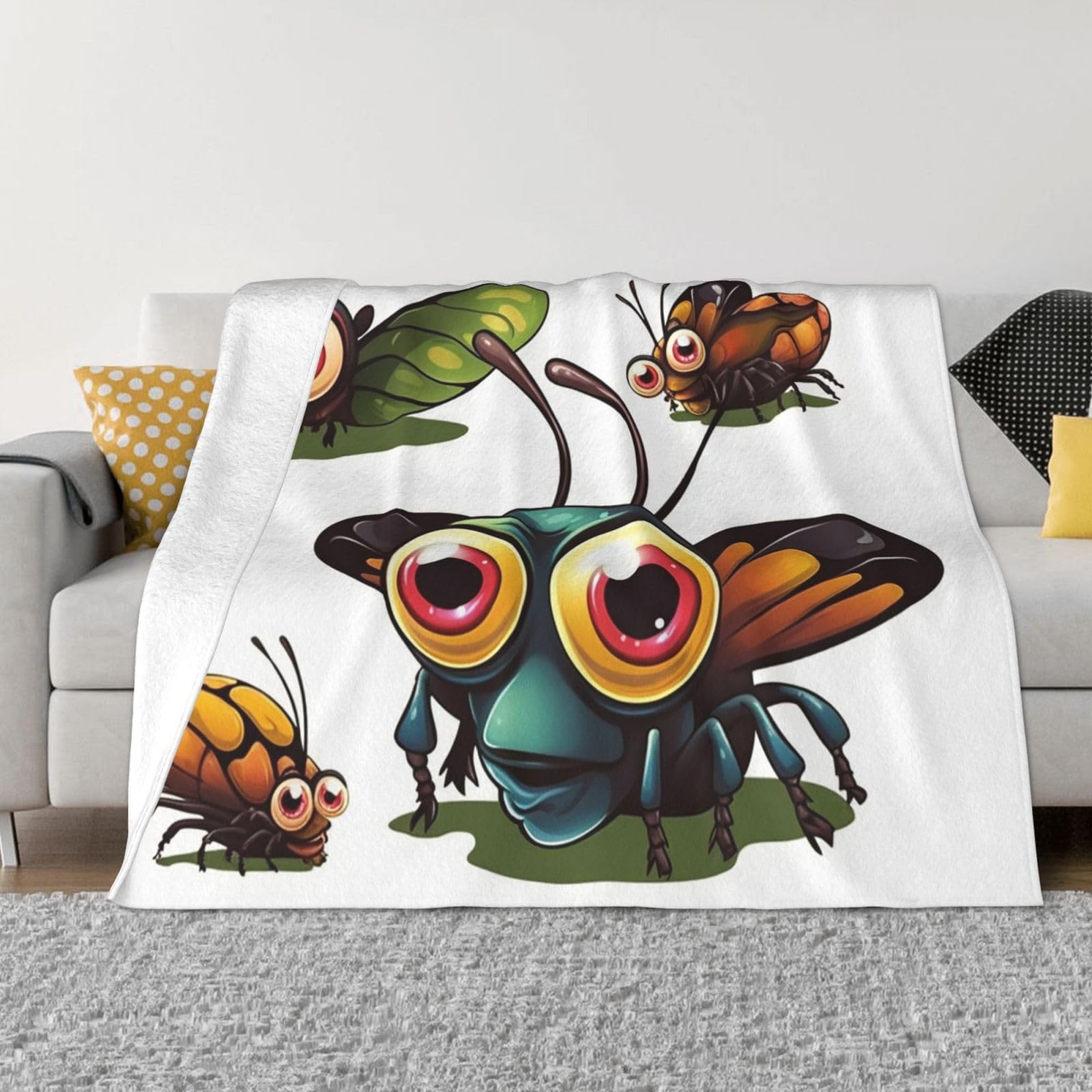 Couverture micro-polaire imprimé insectes en plaid léger quatre saisons pour lit et canapé