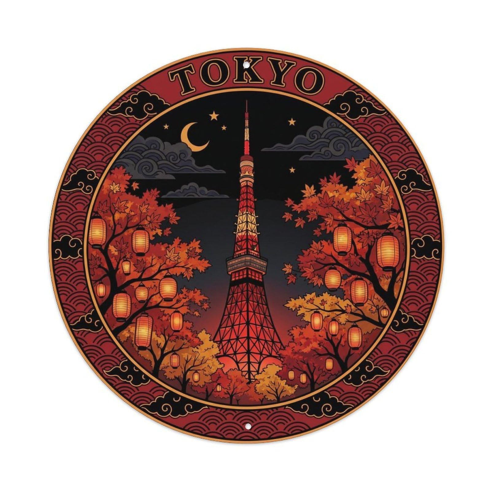 Olyhtr 8X8inch Classic Style Tokyo Tower Autumn Night Japan Maple Crimson Black Metal Tin Sign