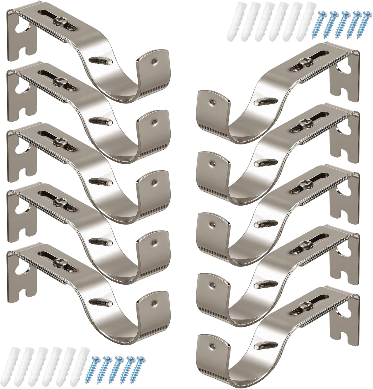 Frienda 10 Pcs Brushed Nickel Curtain Rod Support Brackets Adjustable Curtain Rod Hangers for 1 Inch Diameter General Hardware Holders Wall Bracket Hanger Hooks with Screws