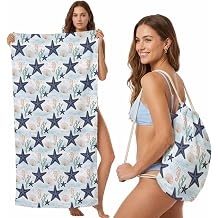 Nautical Starfish Seahorse Seashell Beach Towel Bag 2 in 1,Convertible Towel&Backpack Marine Life Pattern Microfiber Beach Blanket with Drawstring Bag for Travel Pool Swim Camping Picnic,31"x63"