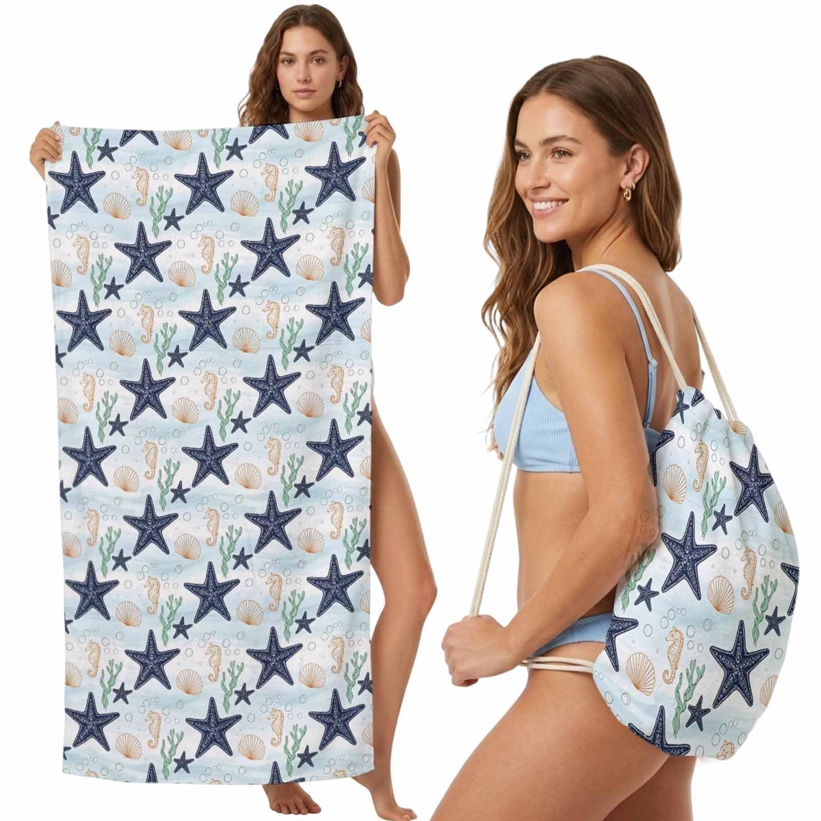 FWJZDSP Beach Towel Backpack, Nautical Starfish Seahorse Seashell 2-in-1 Foldable Soft Microfiber Quick Dry Beach Towel 31.5x63in Marine Life Pattern Lightweight Pool Towels Bag for Travel, Yoga, Gym