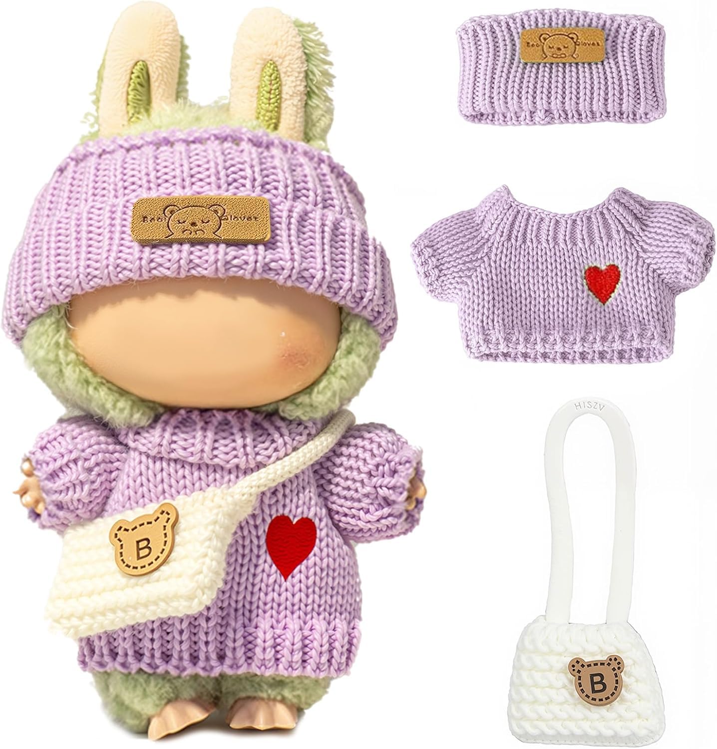 Clothes for Labubu 17cm Doll Handmade Crochet 3-Piece Set (Heart Sweater + Hat + Bag) - Cute Outfits for Dressing Up, Unique Style - Doll Not Included (Style 3)