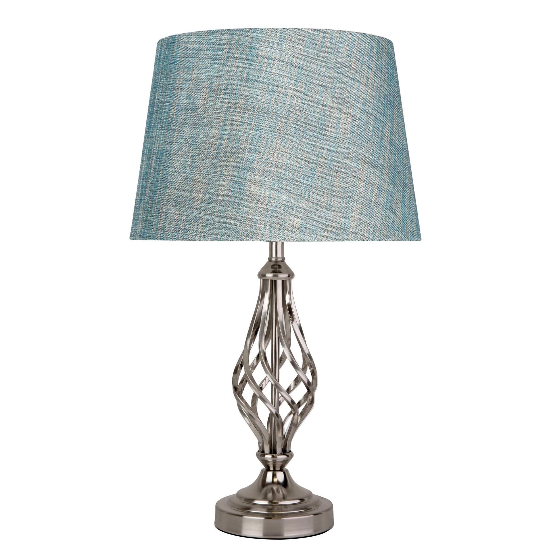 Lighting Supermarket Silver Queenswood Traditional Barley Twist Table Lamp With Blue Gold Linen Shade - Chrome