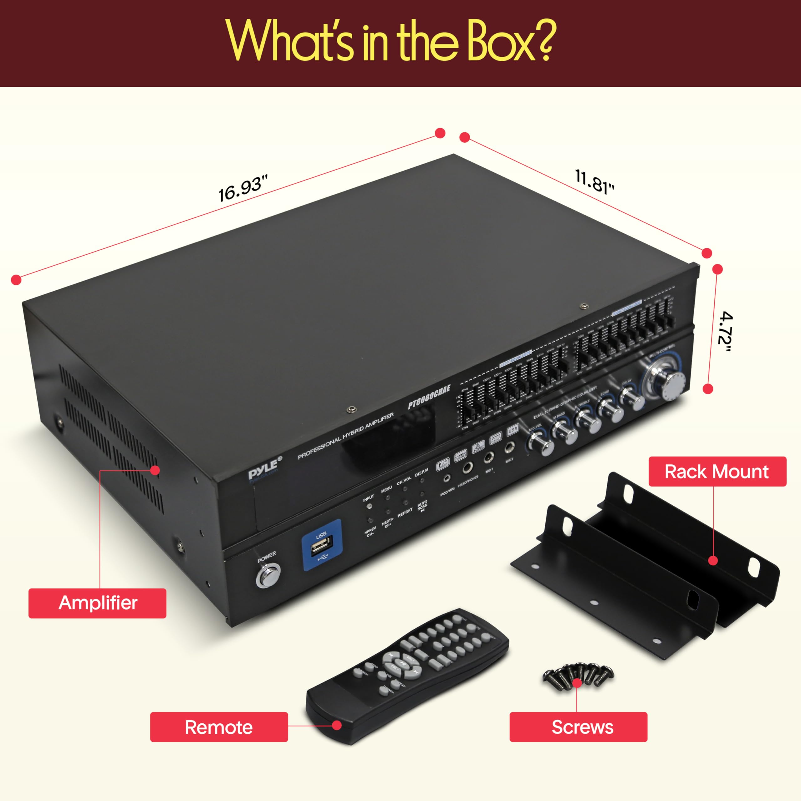 Pyle PT6060CHAE - Amplificatore domestico ibrido Bluetooth a 6 canali, 2000 W, montaggio su rack stereo, ricevitore con radio, USB/AUX/RCA/microfono, ottico/coassiale, ingressi AC-3, DVD,