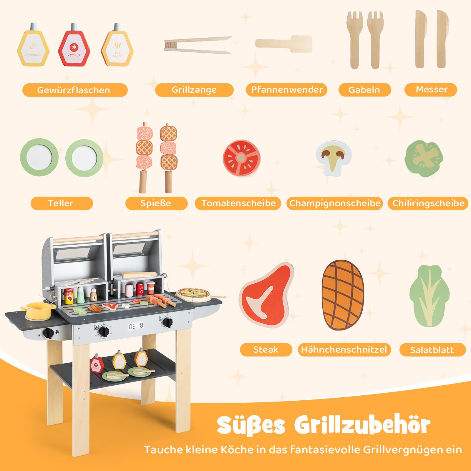 COSTWAY Barbecue Grill dziecięcy, zabawka do grillowania ze sztućcami do grillowania i jedzeniem do zabawy, kuchnia na błocie z 2 grillami i składanymi pokrywkami, zestaw kuchenny dla dzieci od 3 lat