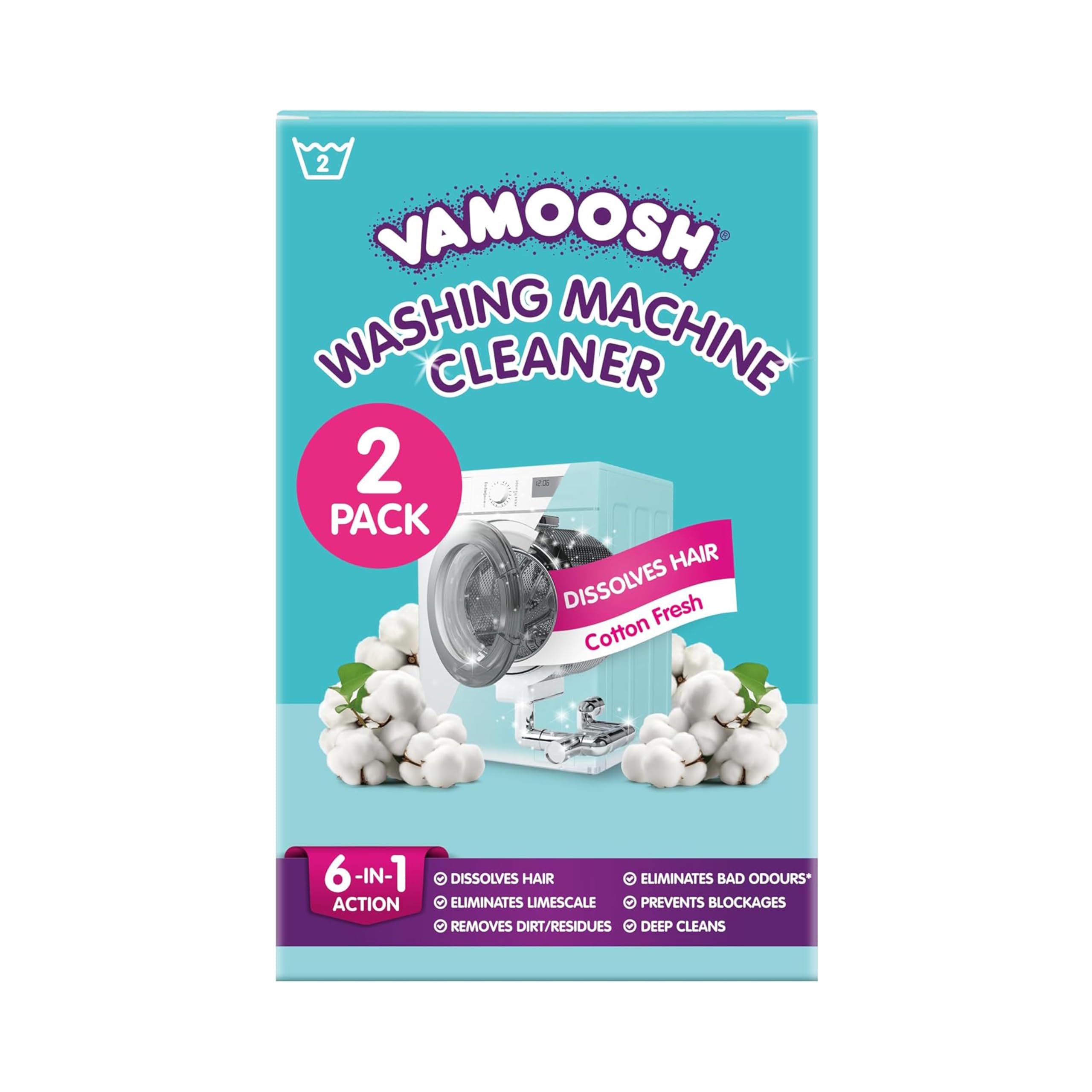 Vamoosh 6-in-1 Washing Machine Cleaner | Universal Front &amp; Top Load Compatibility | Cotton Fresh Scent | Dissolves Pet Hair | Removes Limescale &amp; Descales | Eliminates Odor | Deep Cleaning | 6x150g