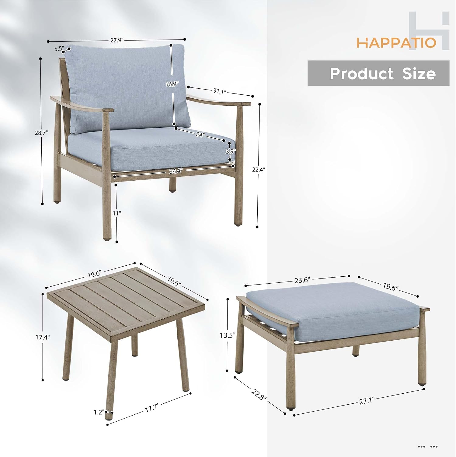 HAPPATIO Aluminum Outdoor Furniture Set - 5 Pieces Patio Furniture Set Includes 1 Side Table, 2 Armchairs and 2 Ottomans with Thick Cushion, Patio Conversation Set for Backyard Deck Poolside (Brown)