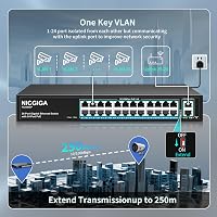 NICGIGA 24 Portos PoE+ Switch 320W - 2 Gigabit Uplink Porttal, VLAN Móddal, 250m Hatótávolsággal, 19" Rack Kompatibilis, Plug and Play Hálóz 5