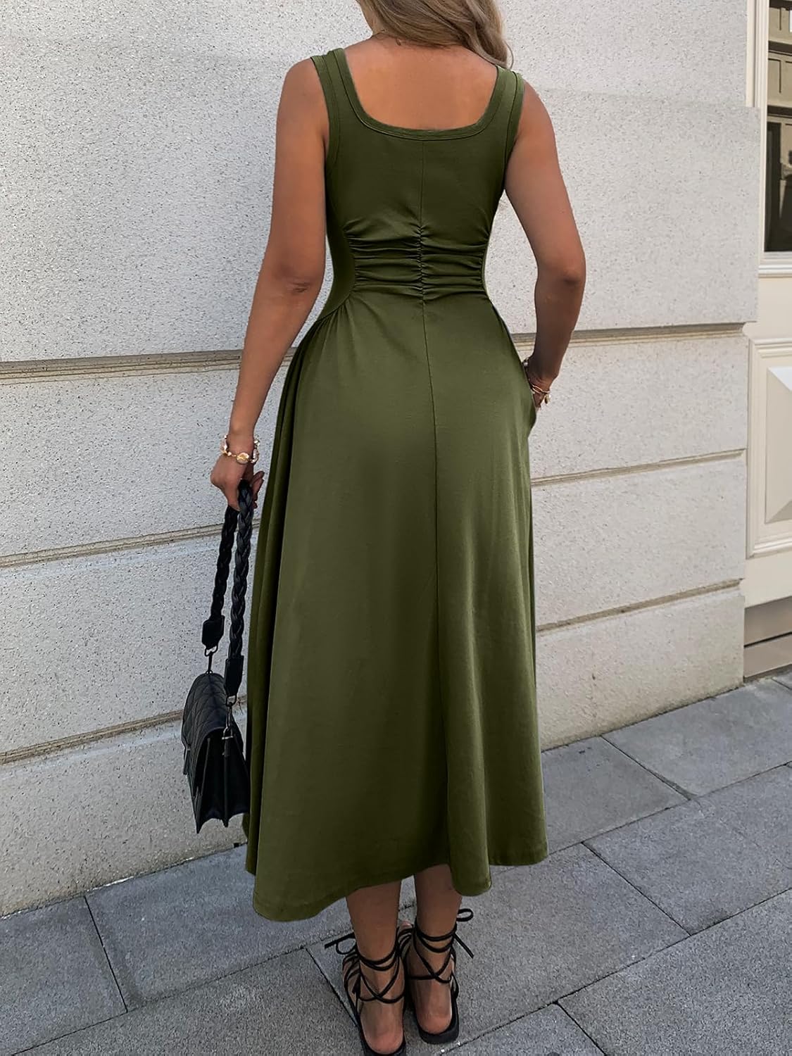 Women's Square Neck Sleeveless Slim-Fit Maxi Dress Ruched Waist Corset Flowy Casual Summer Dresses with Pockets - Image 4