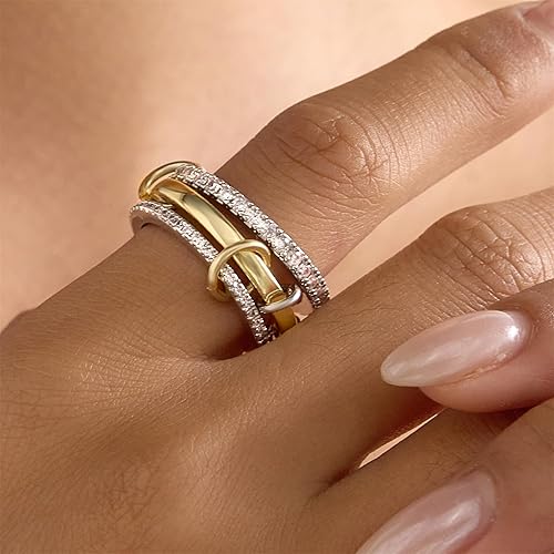 Vista 5 de Anillos apilables para mujer, chapados en oro de 18 quilates, juego de 3 anillos con circonita cúbica, juego de anillos plateados y dorados