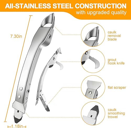 Miniatura 2 de Kit de herramientas de calafateo de acero inoxidable removedor de lechada de silicona 4 en 1, raspador de eliminación de sellador - Fácil acabado de