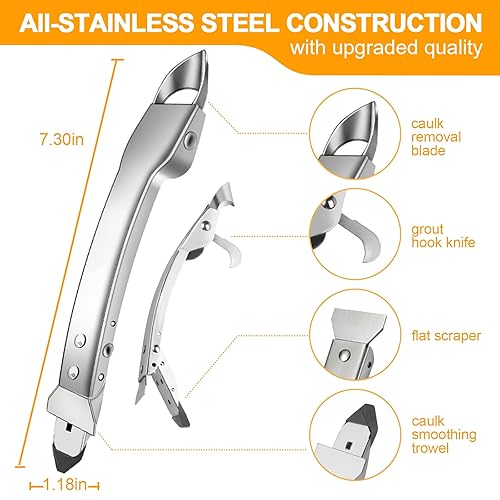 Miniatura 2 de Kit de herramientas de calafateo de acero inoxidable removedor de lechada de silicona 4 en 1, raspador de eliminación de sellador - Fácil acabado de
