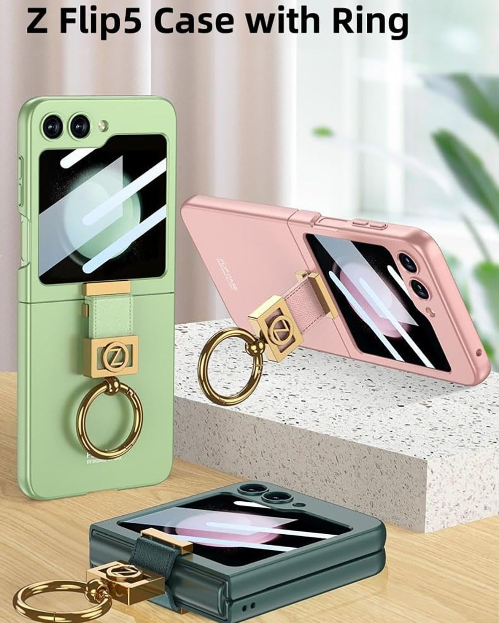 Custodia per Samsung Galaxy Z Flip5 5G con anello, Z Flip5 Cover con Z Ring e pellicola per piccolo schermo HD, custodia protettiva all-inclusive di grado militare con supporto ad anello elettrolitico