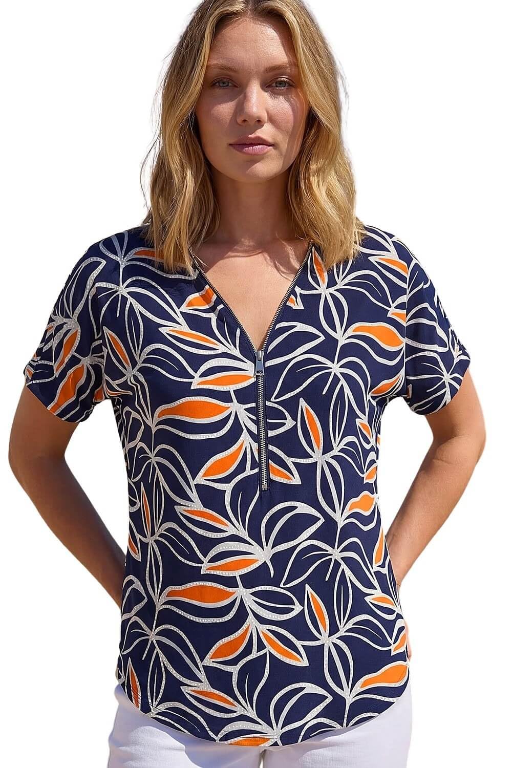 Roman Women's Orange Textured Print Zip Detail Top